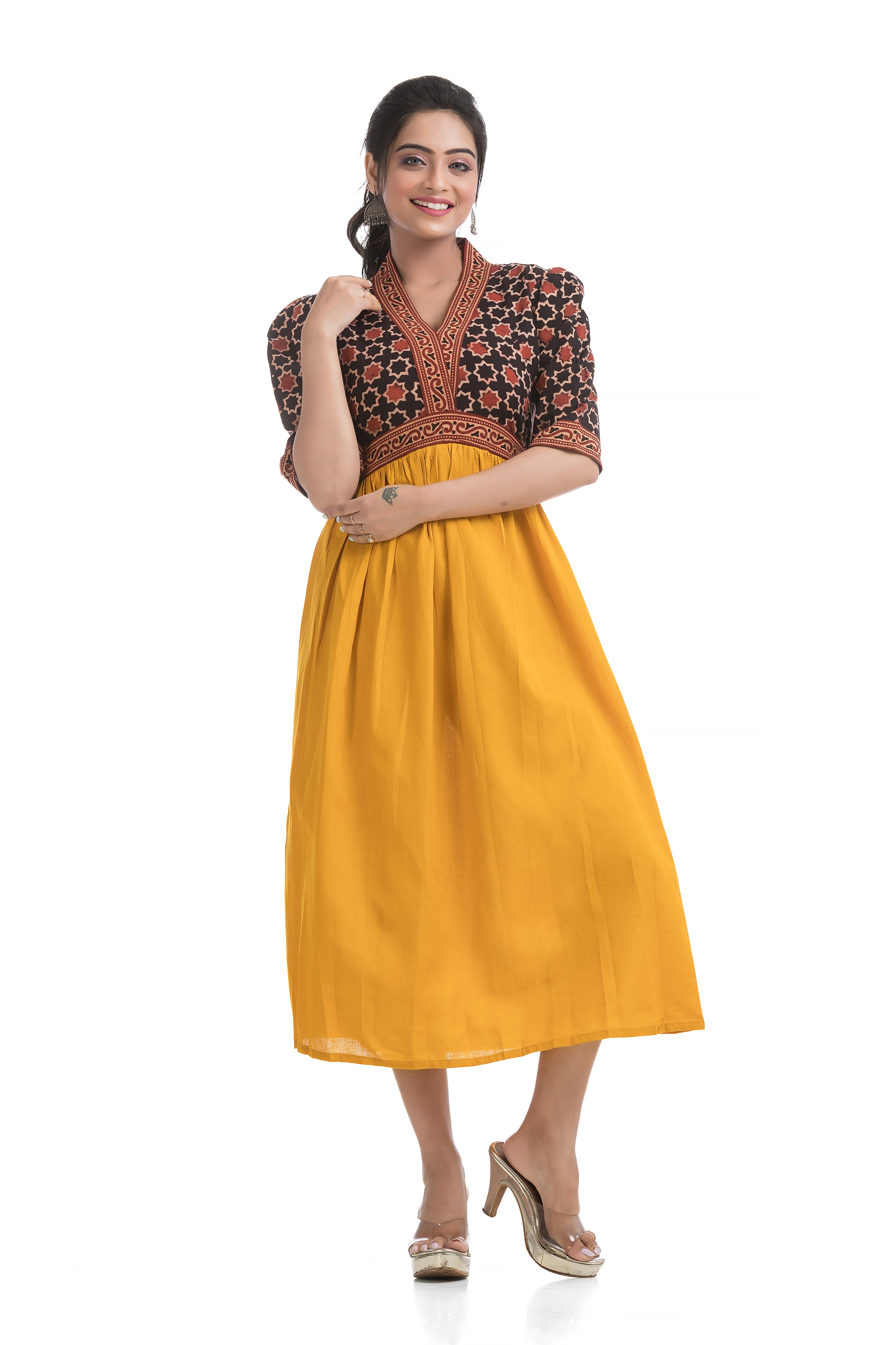 Ajrakh Hand Block Yellow Aliya Dress with Lacework