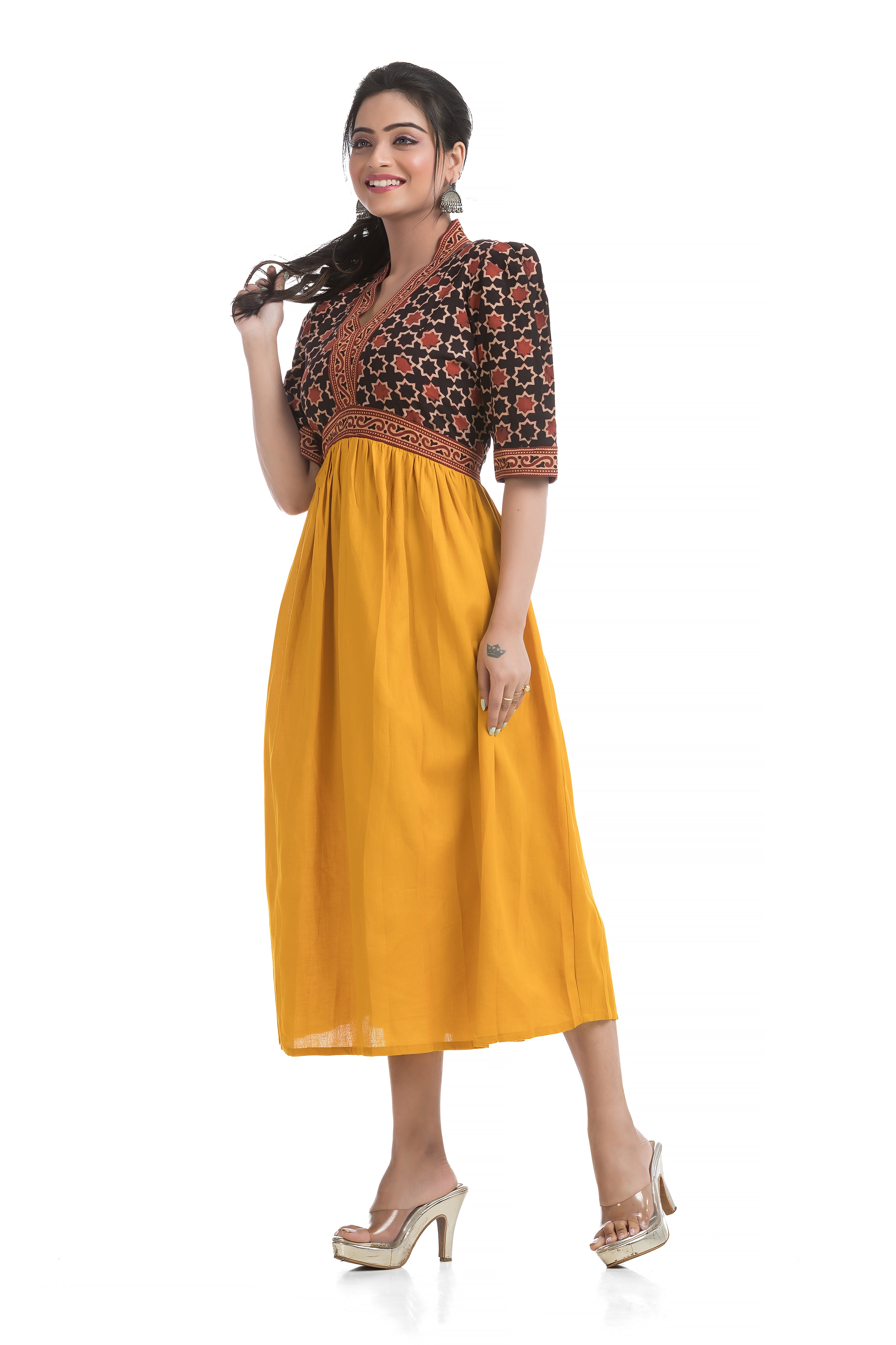 Ajrakh Hand Block Yellow Aliya Dress with Lacework - Crazy Needle Online