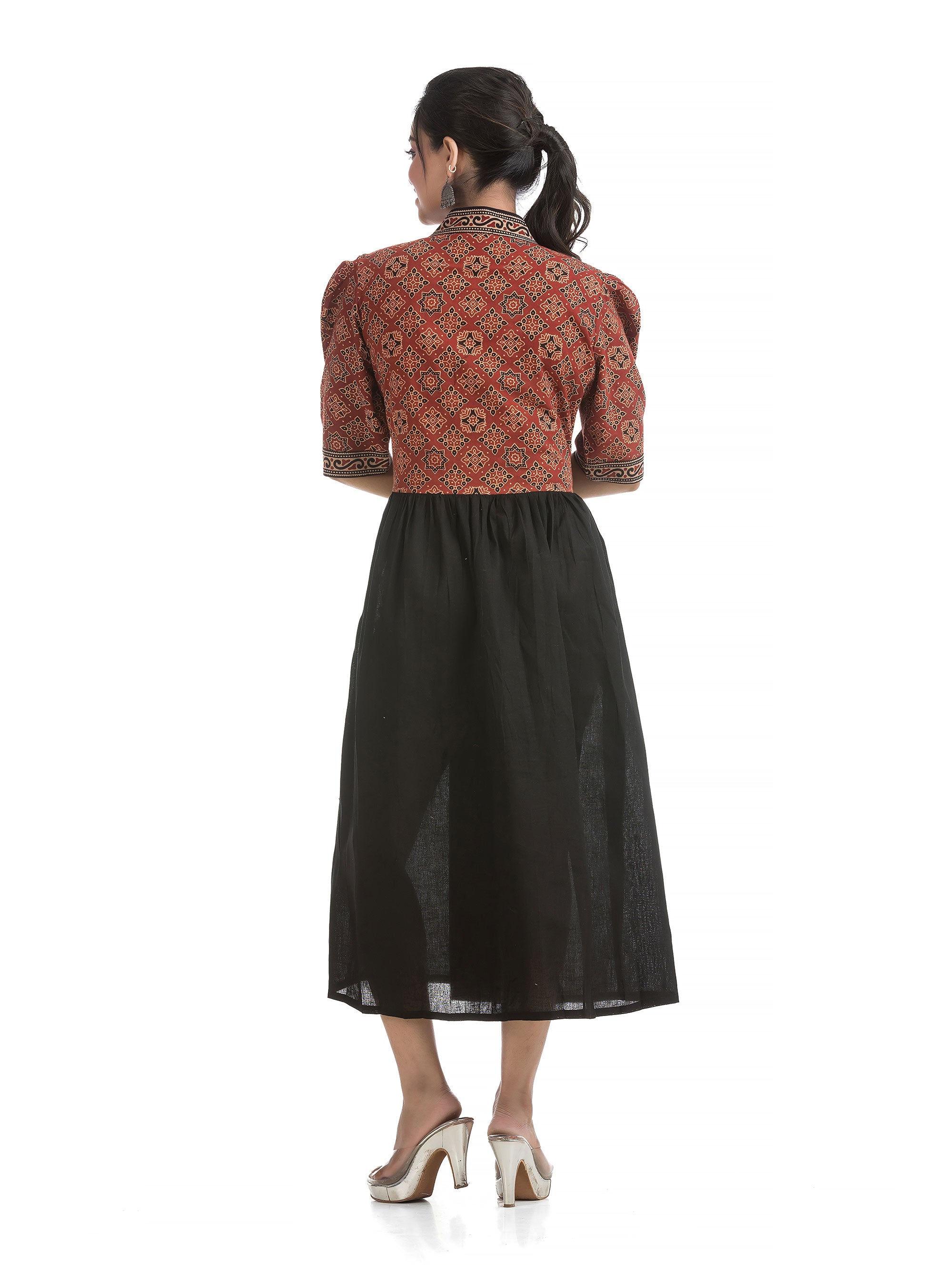 Black and Maroon Combined Aliya Dress with V-Neck