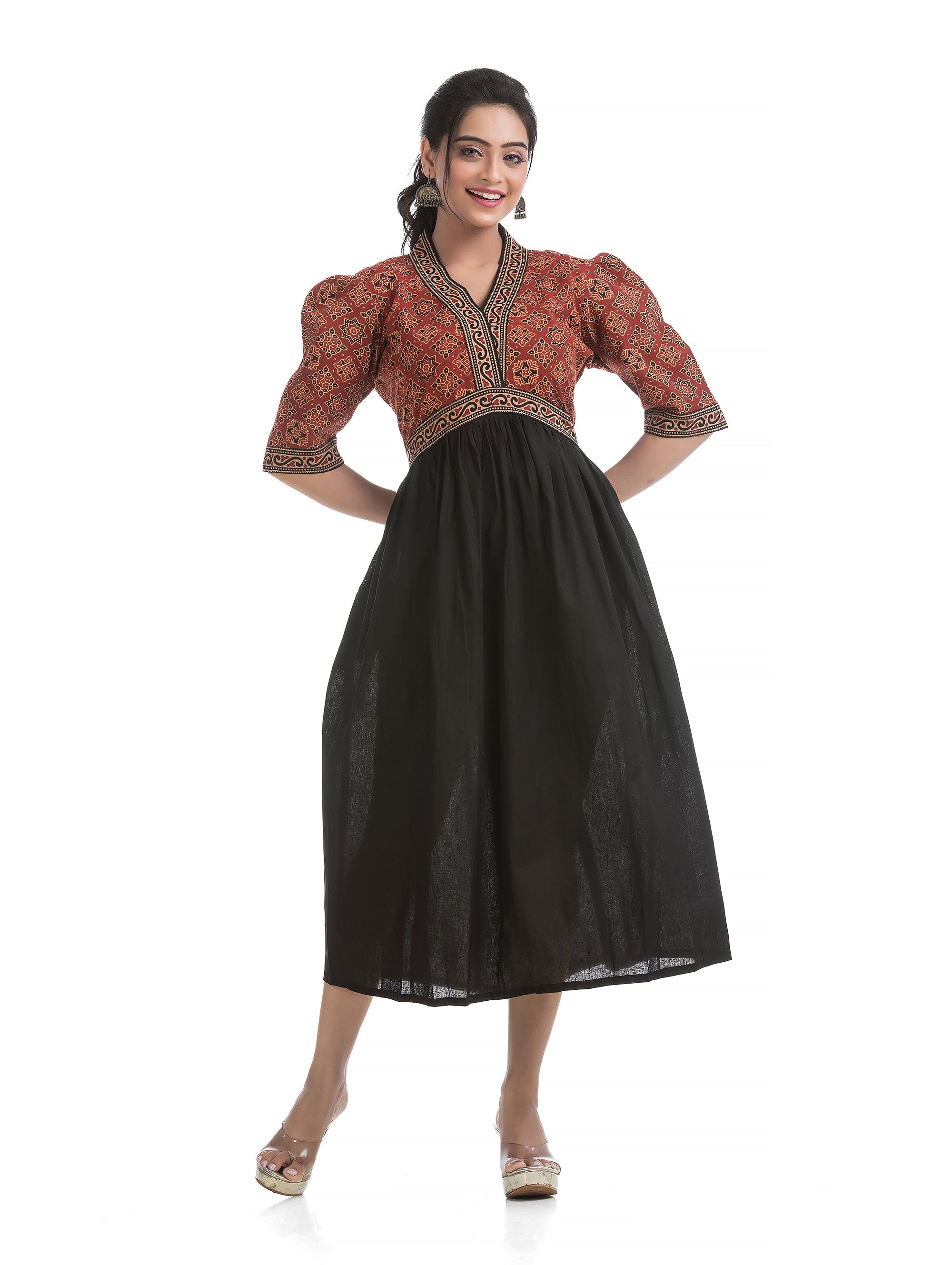 Black and Maroon Combined Aliya Dress with V-Neck