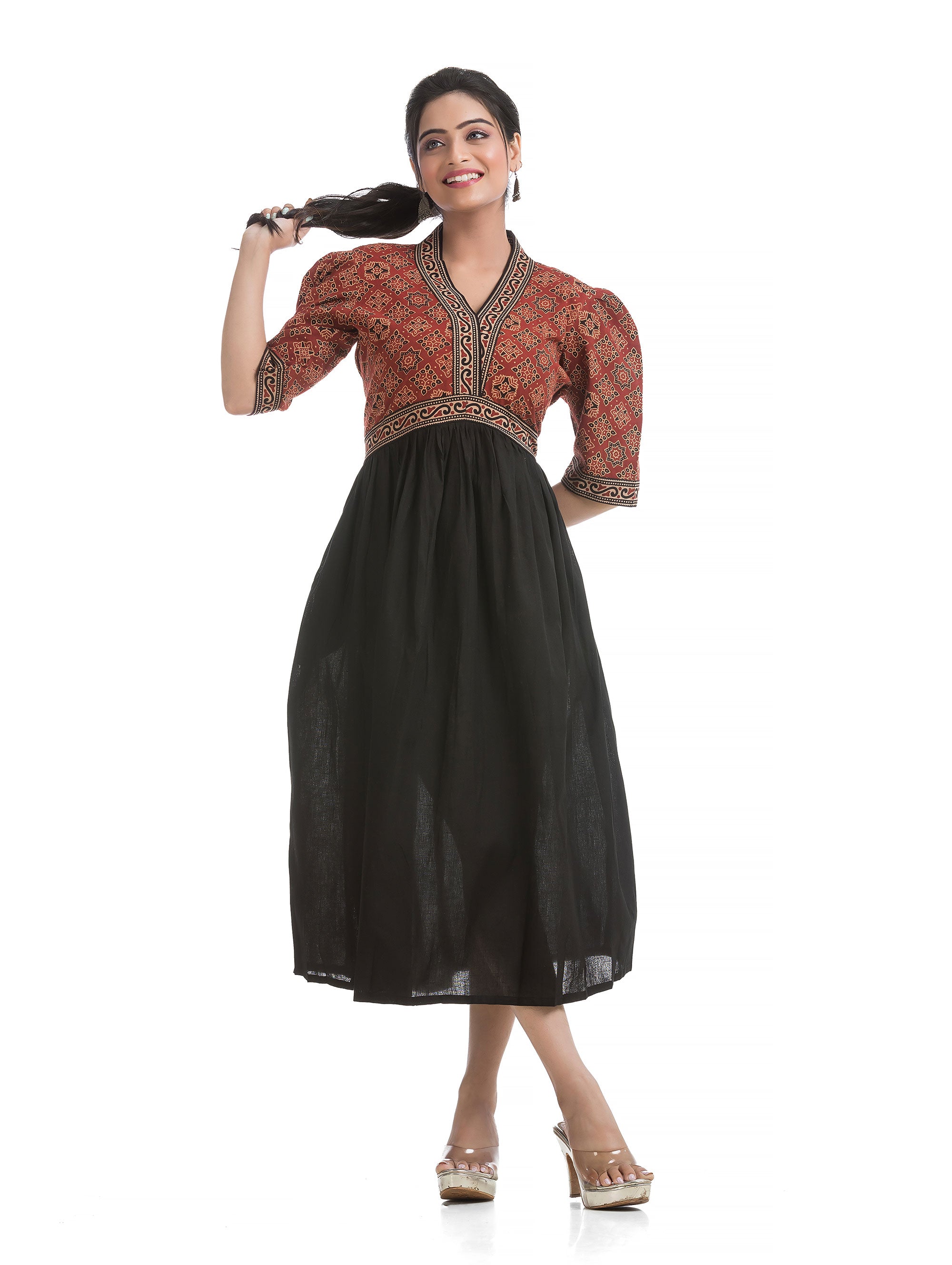 Black and Maroon Combined Aliya Dress with V-Neck