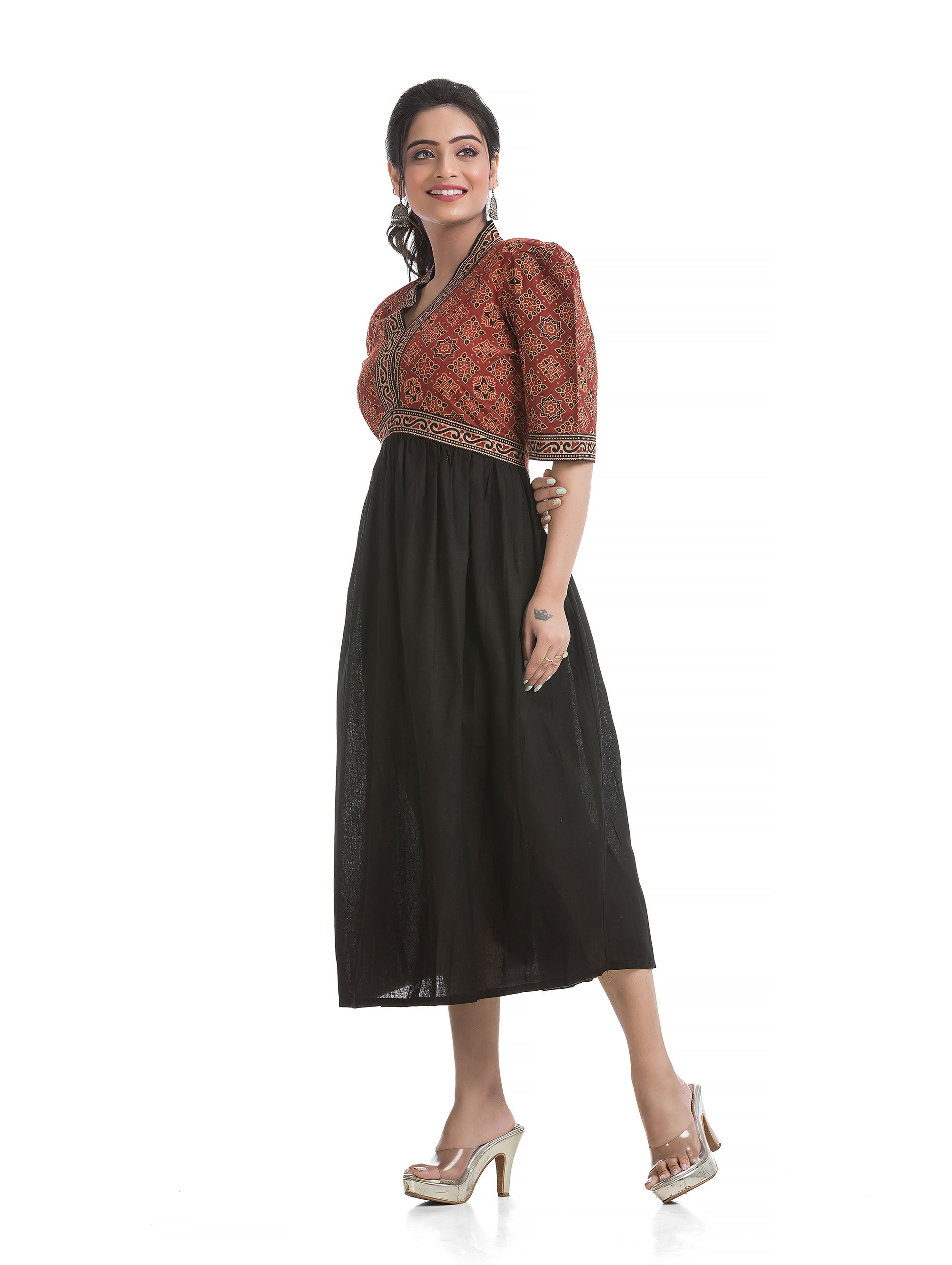 Black and Maroon Combined Aliya Dress with V-Neck