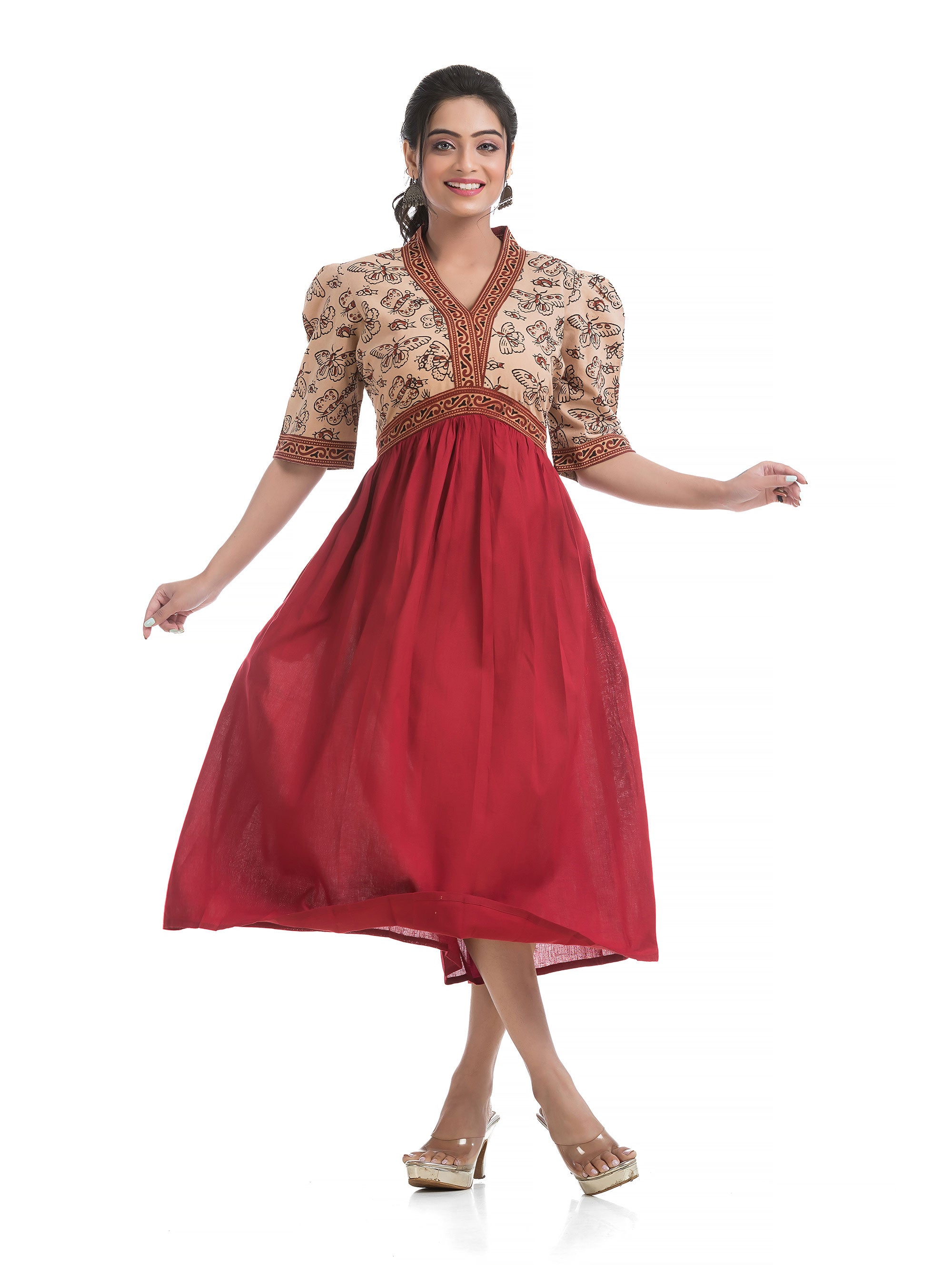 Off White Maroon Combined Aliya Dress