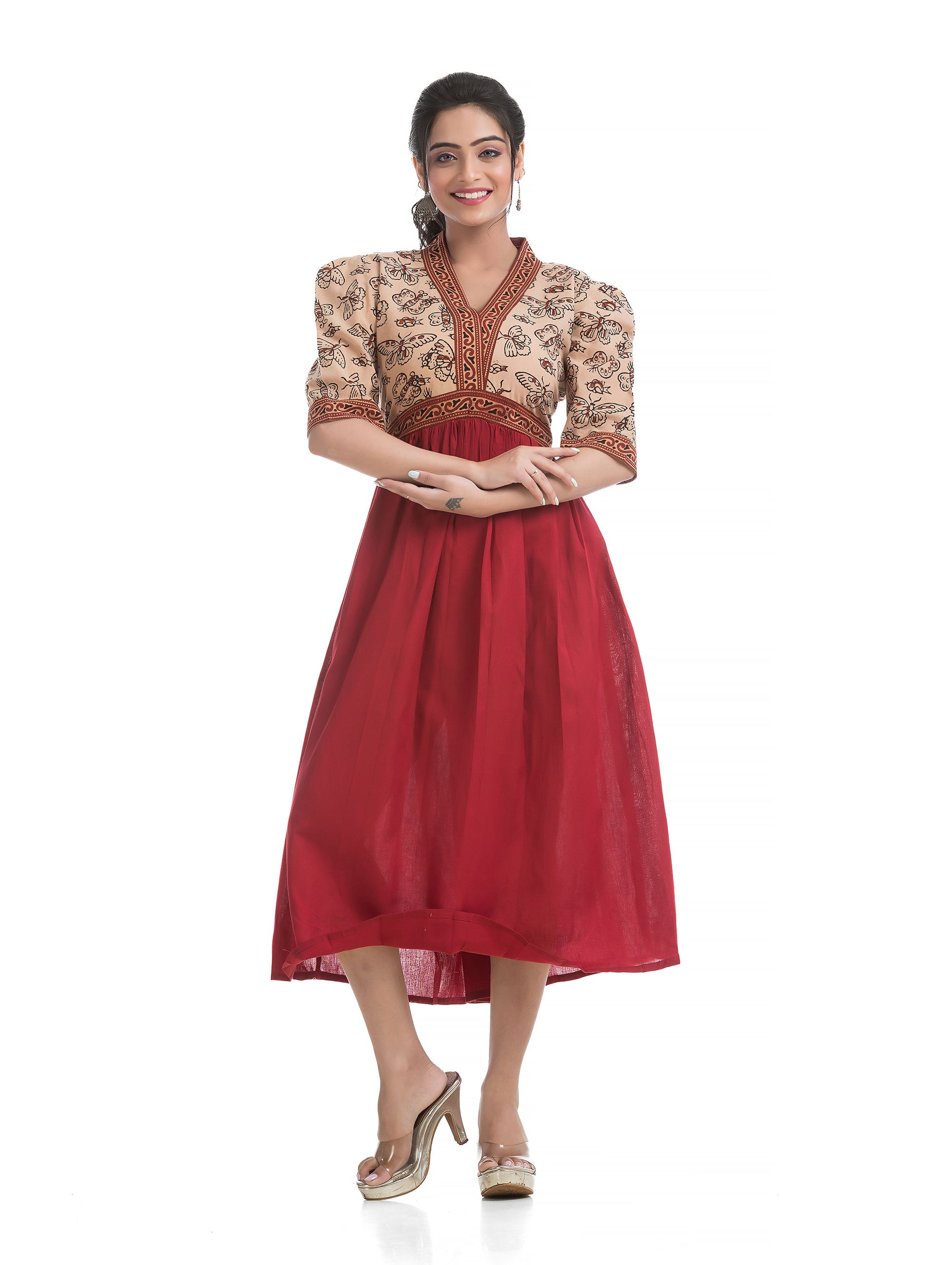 Off White Maroon Combined Aliya Dress