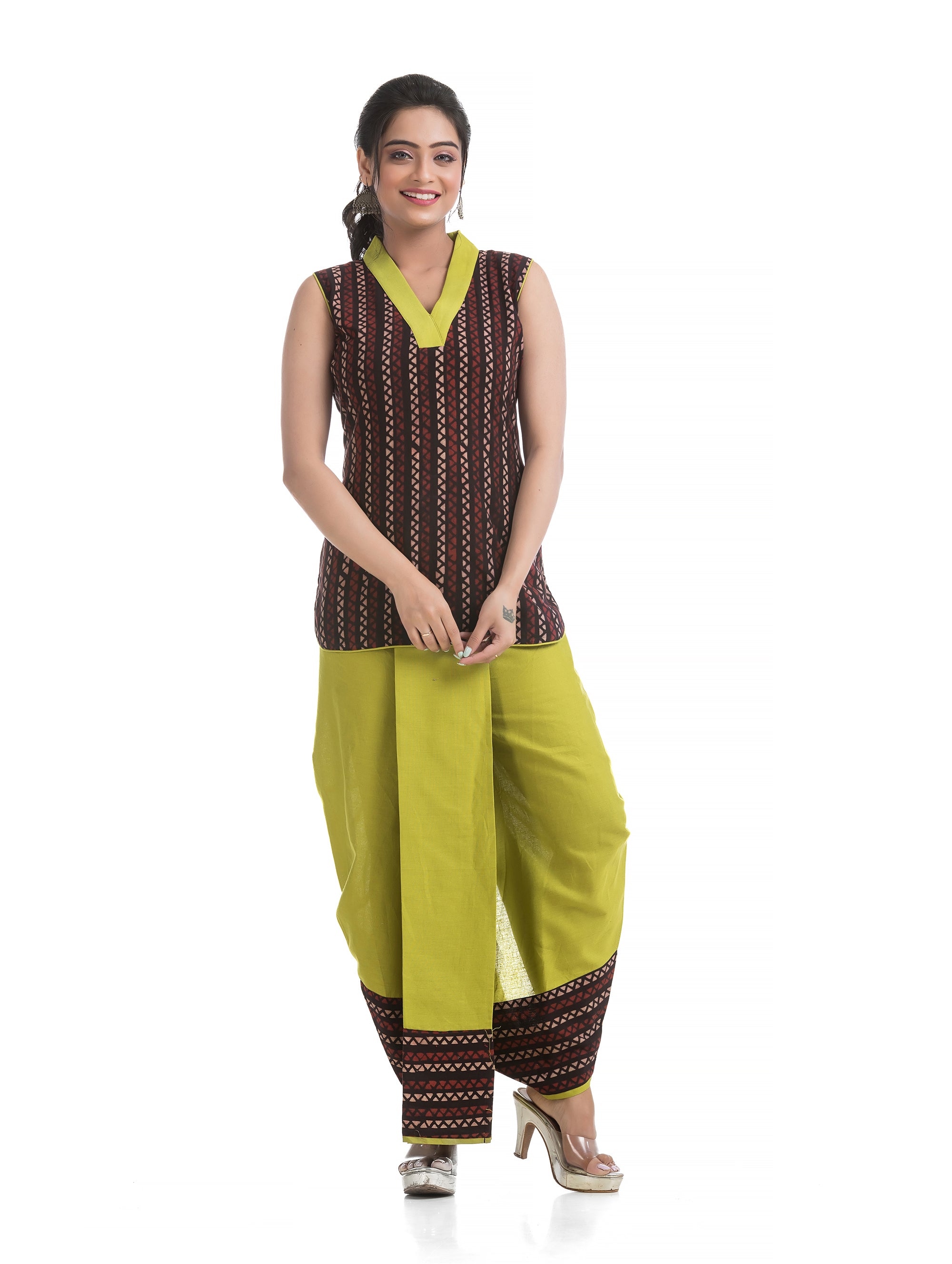 Green Pleated Dhoti with Asymmetric Block Printed Top - Crazy Needle Online