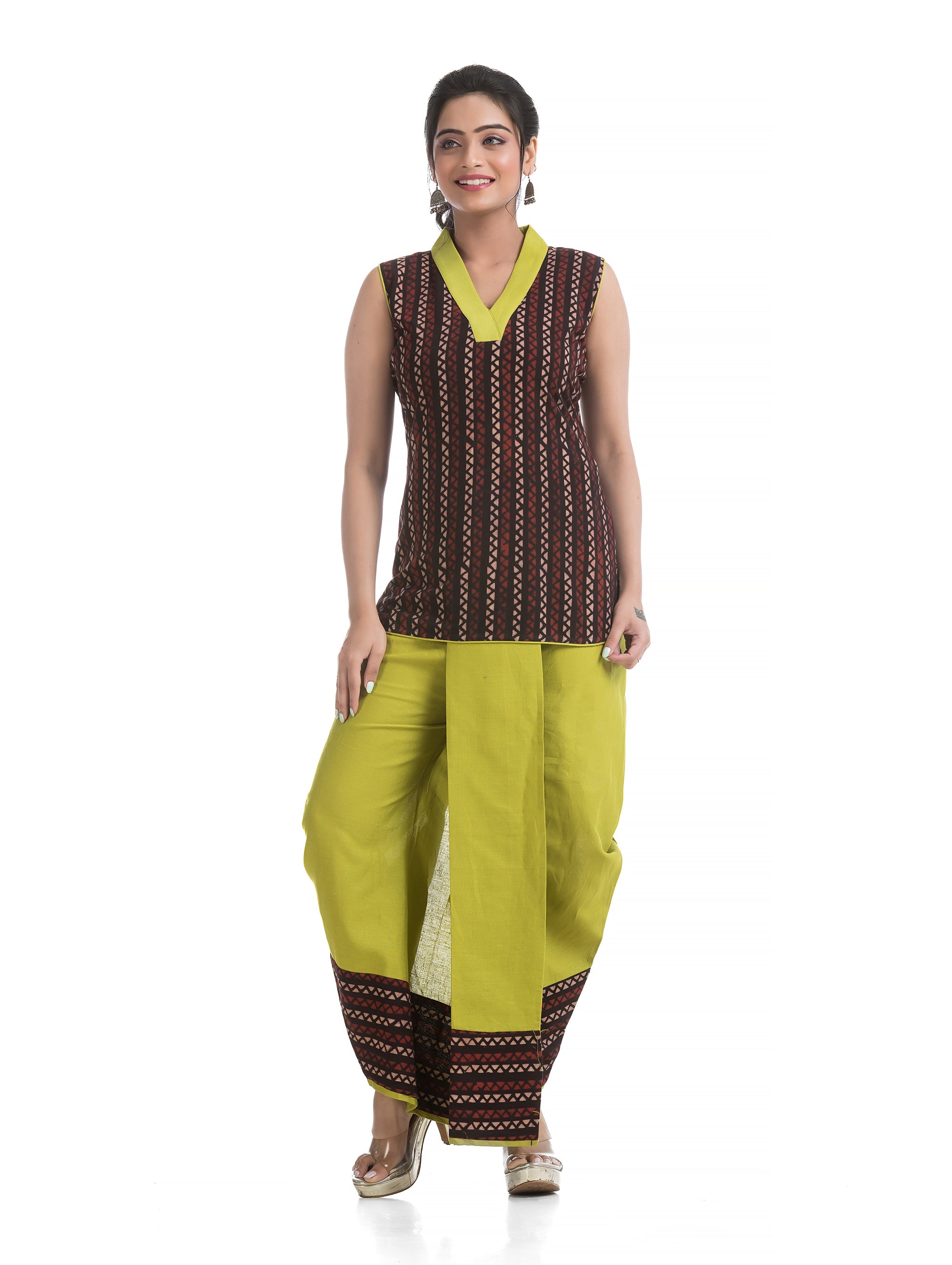 Green Pleated Dhoti with Asymmetric Block Printed Top - Crazy Needle Online