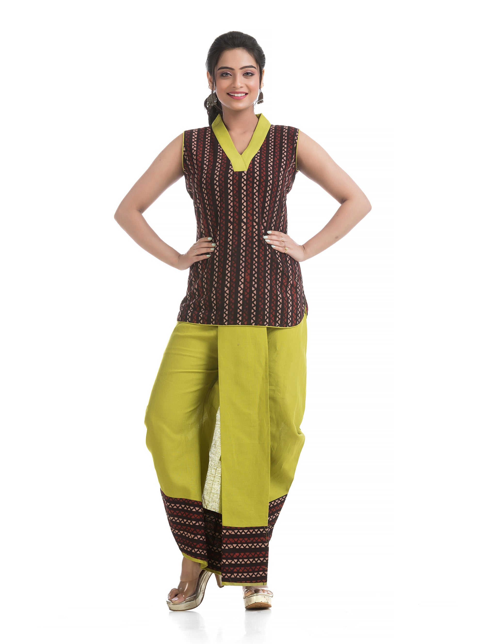 Green Pleated Dhoti with Asymmetric Block Printed Top - Crazy Needle Online