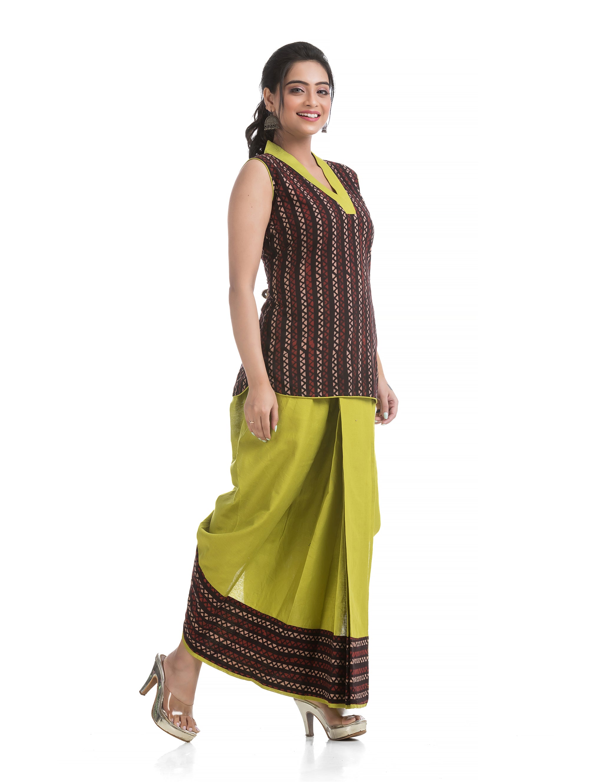 Green Pleated Dhoti with Asymmetric Block Printed Top - Crazy Needle Online