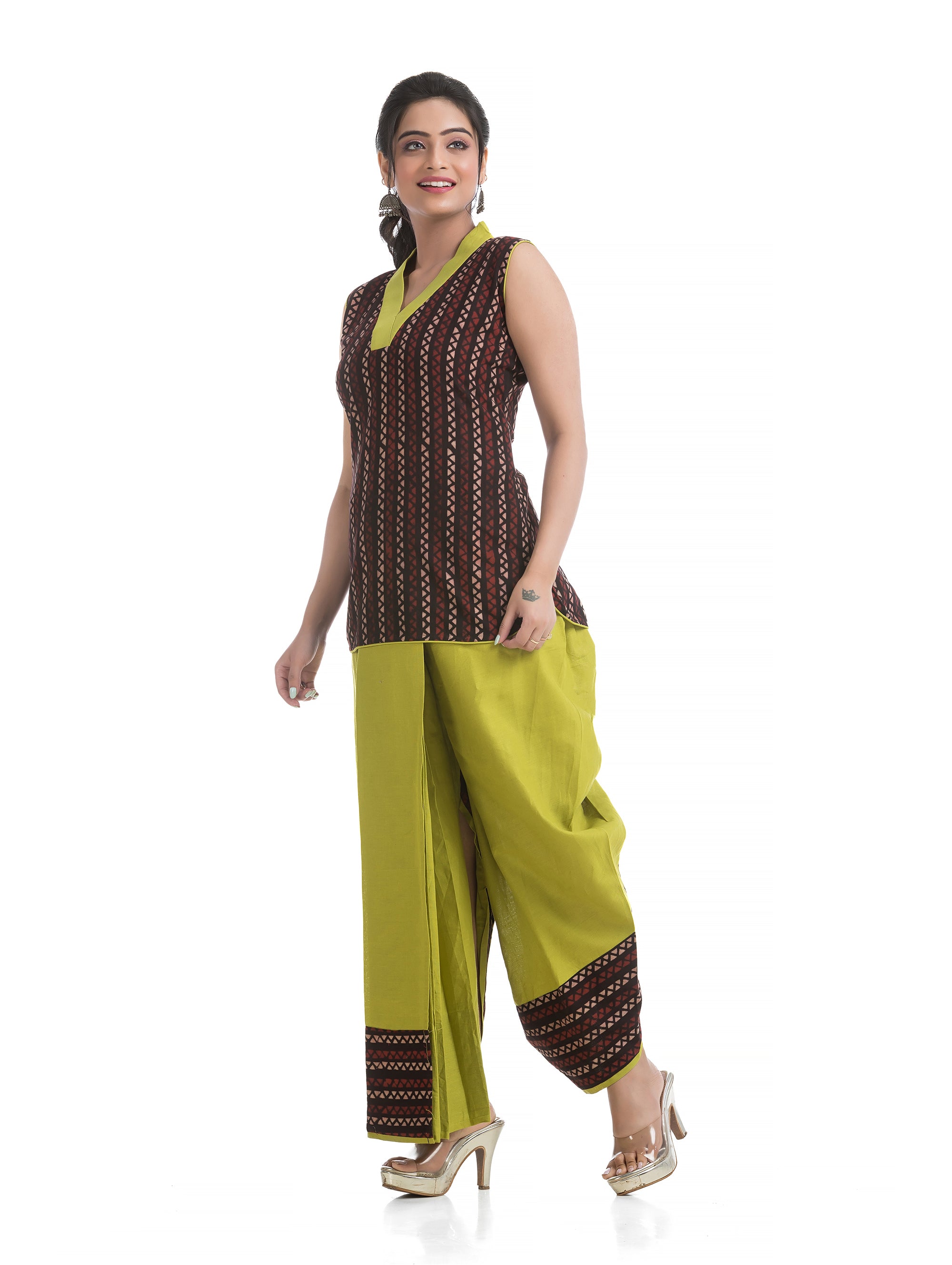 Green Pleated Dhoti with Asymmetric Block Printed Top - Crazy Needle Online