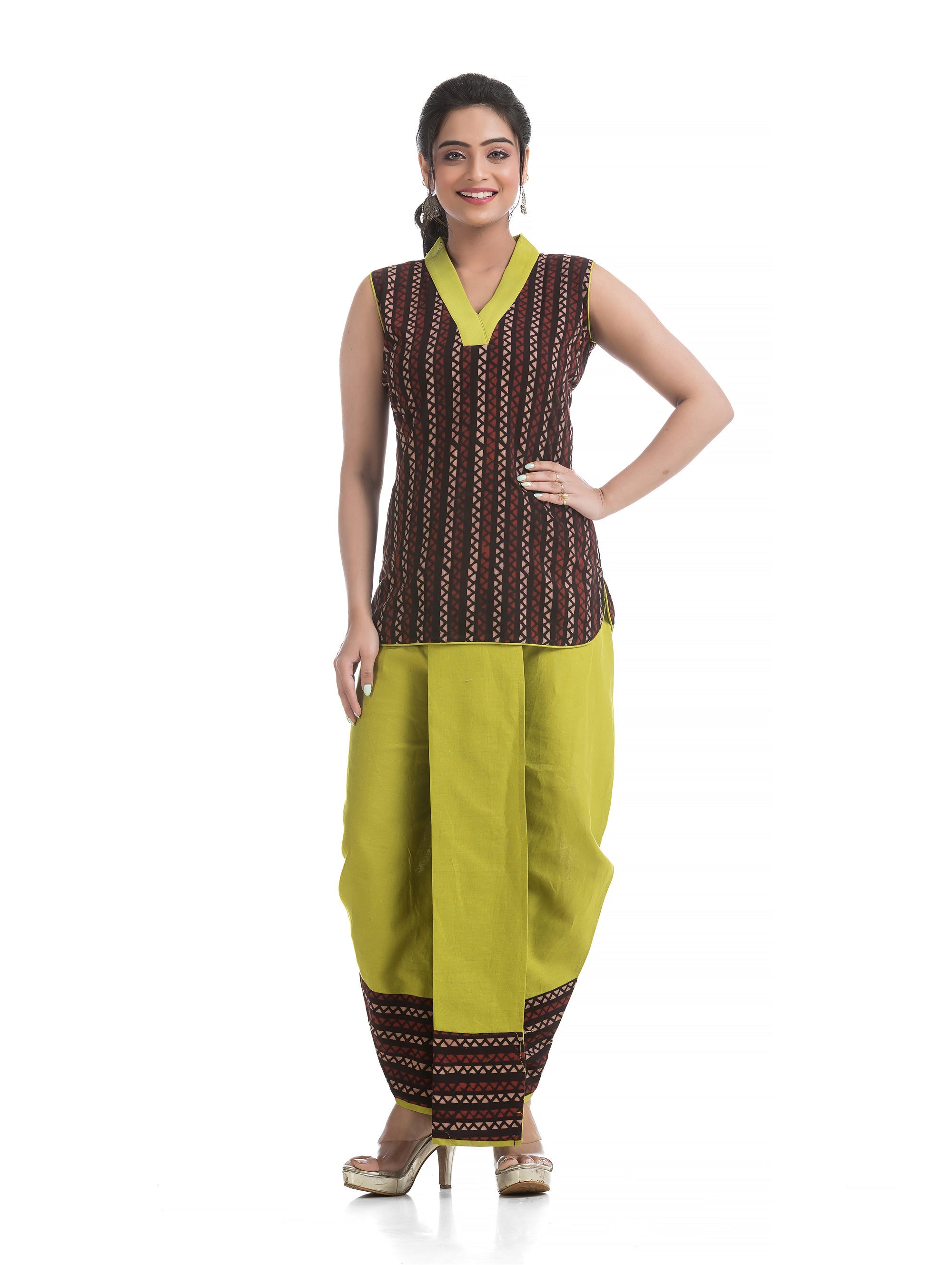 Green Pleated Dhoti with Asymmetric Block Printed Top