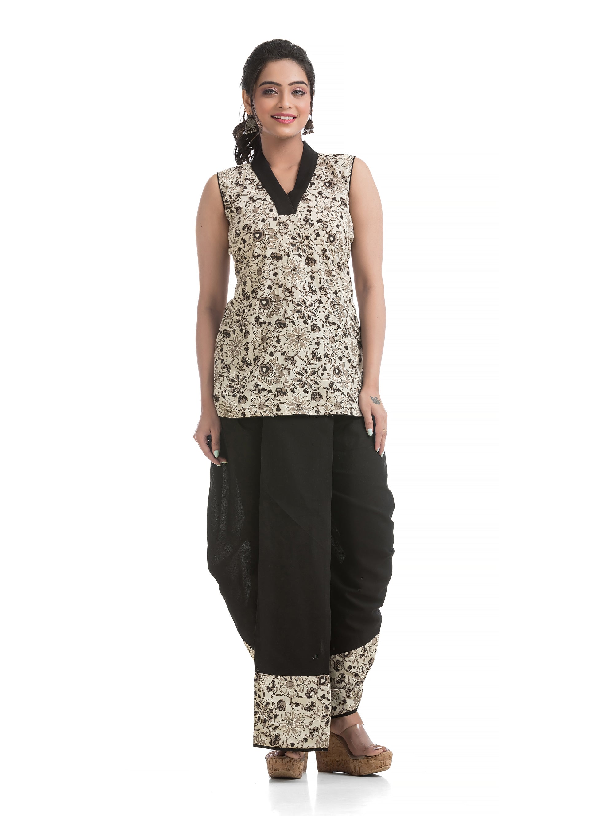 Black Dhoti Co-Ord Set on Floral Motif