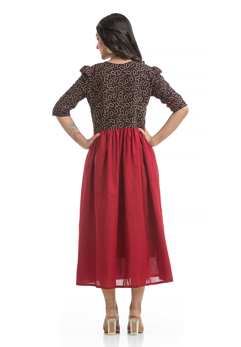 Flap Design Puffed Sleeve Dress in Maroon