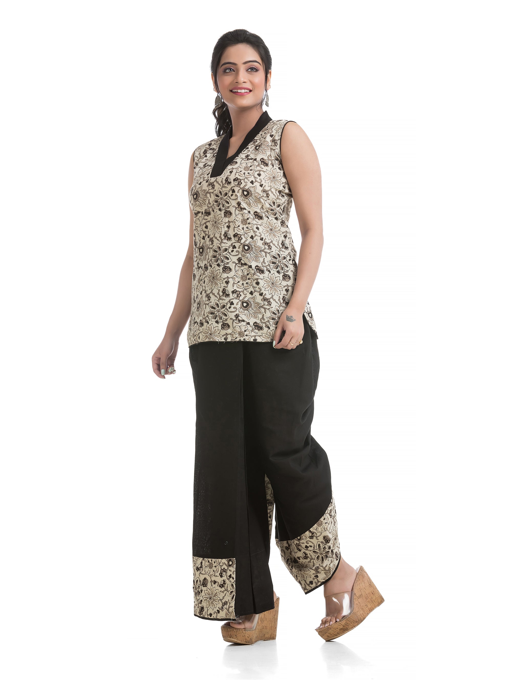 Black Dhoti Co-Ord Set on Floral Motif