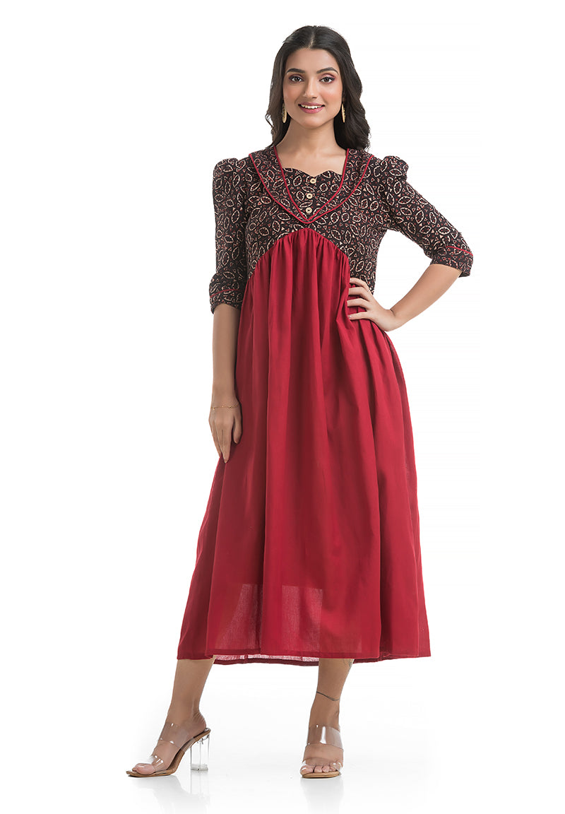 Flap Design Puffed Sleeve Dress in Maroon