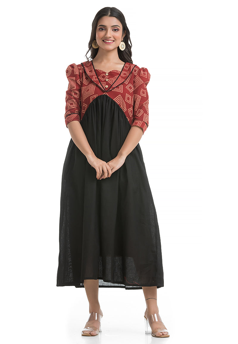 Women's Cotton Black Sweet Heart Neck Dress