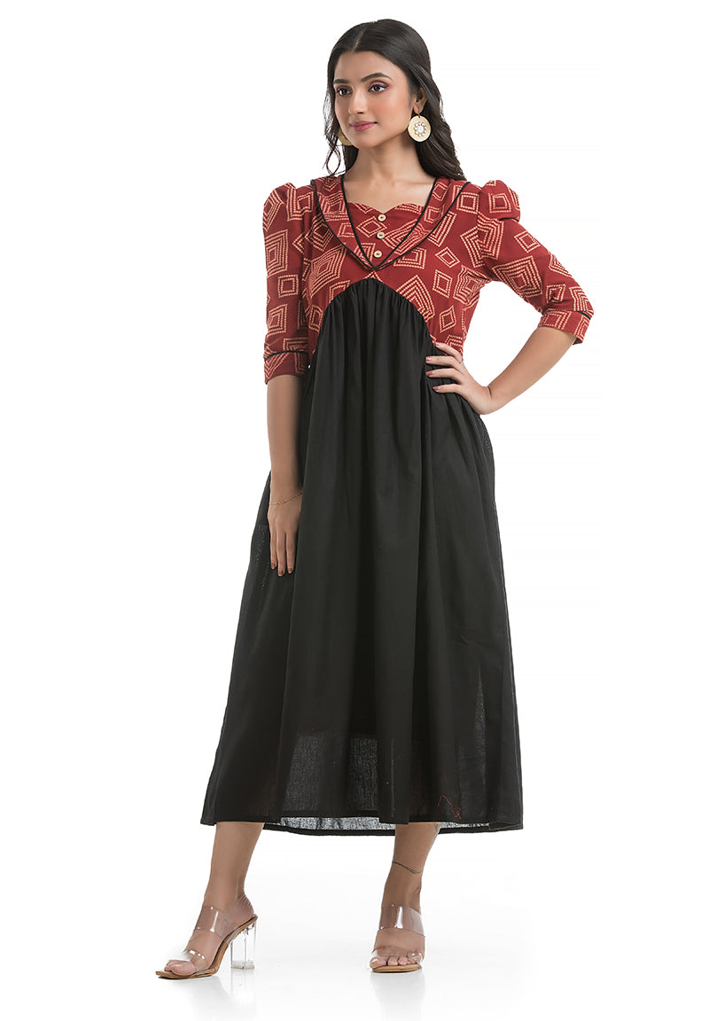 Women's Cotton Black Sweet Heart Neck Dress