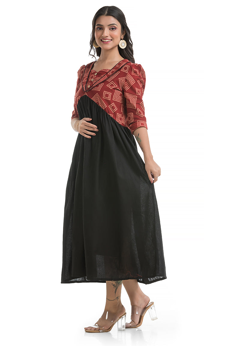Women's Cotton Black Sweet Heart Neck Dress