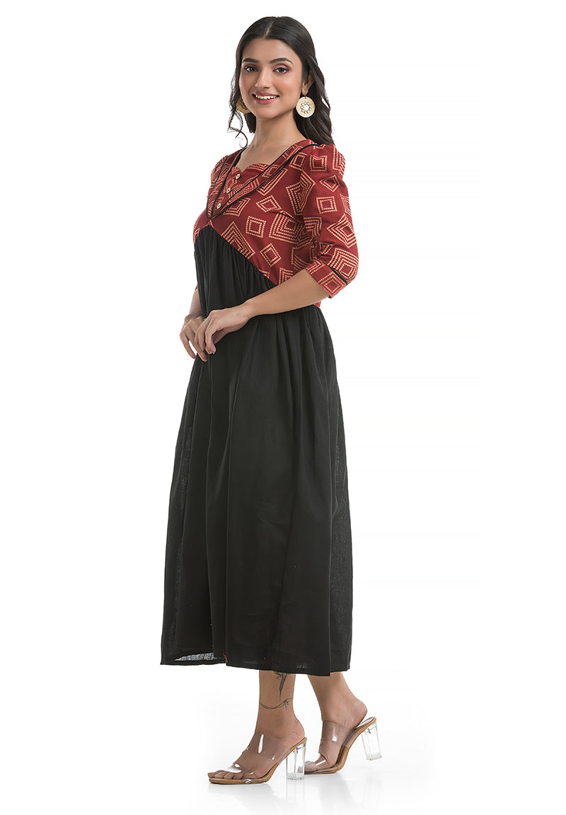 Women's Cotton Black Sweet Heart Neck Dress