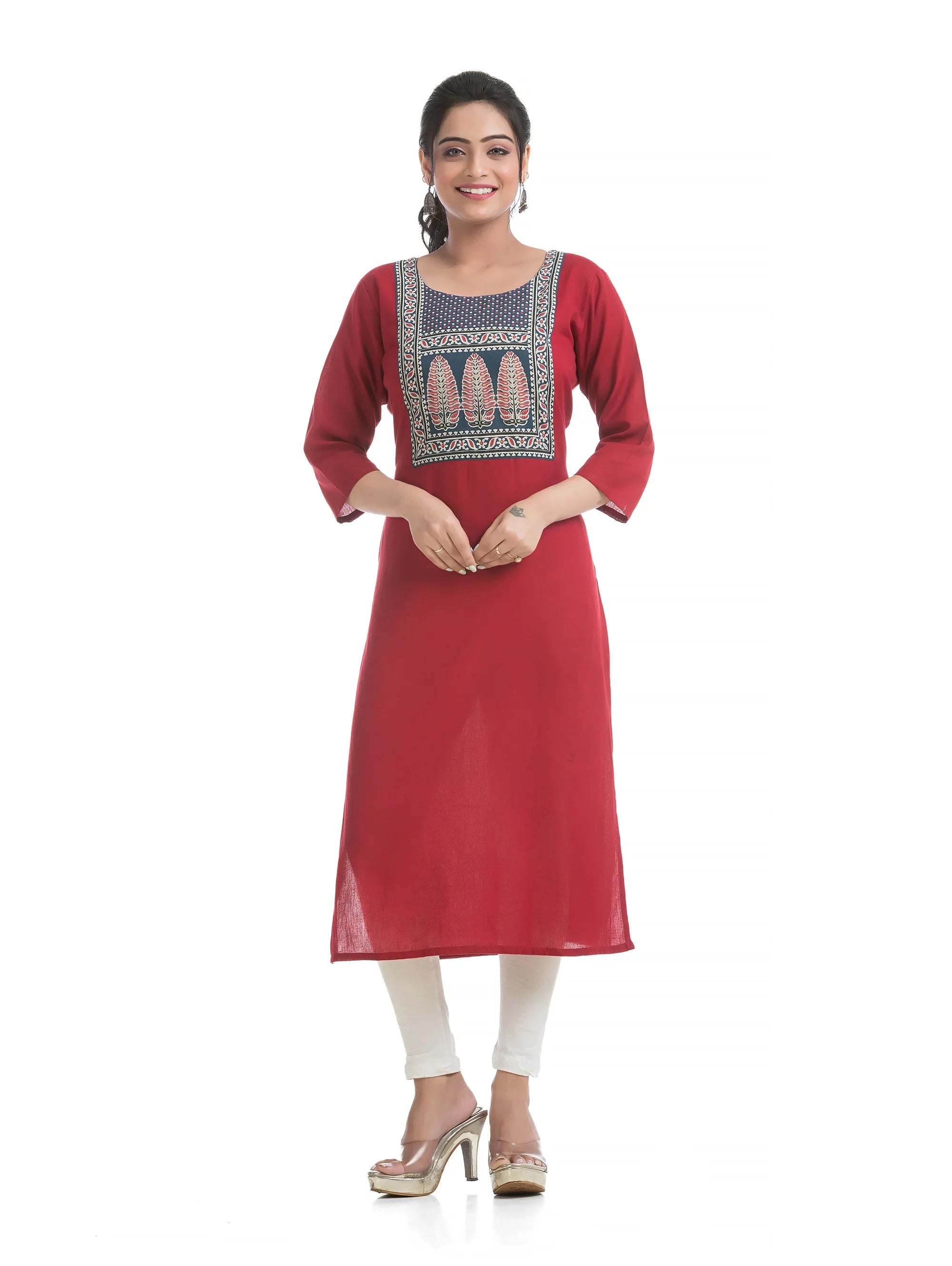 Maroon Straight Kurti with Indigo Patch work