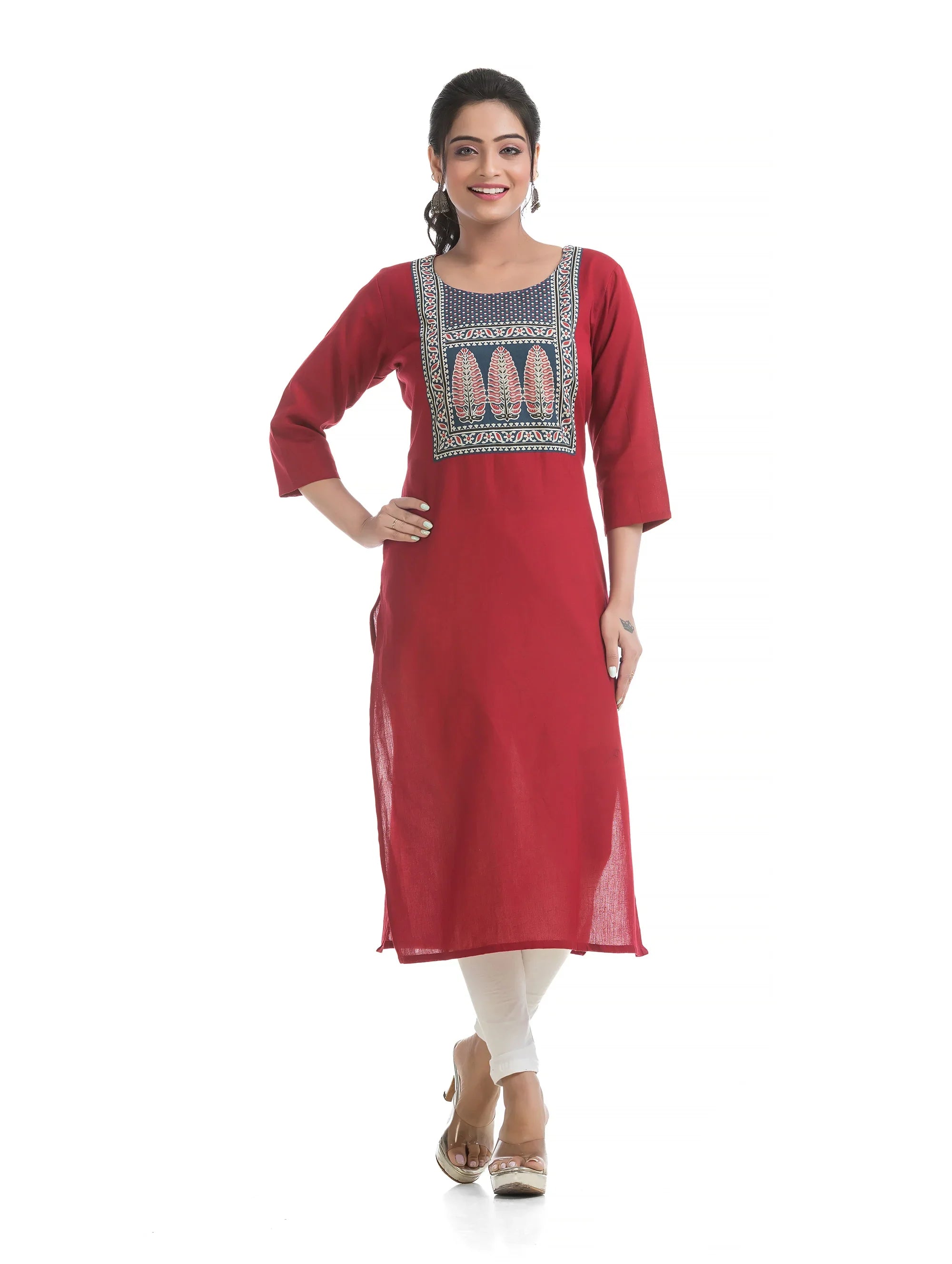 Maroon Straight Kurti with Indigo Patch work