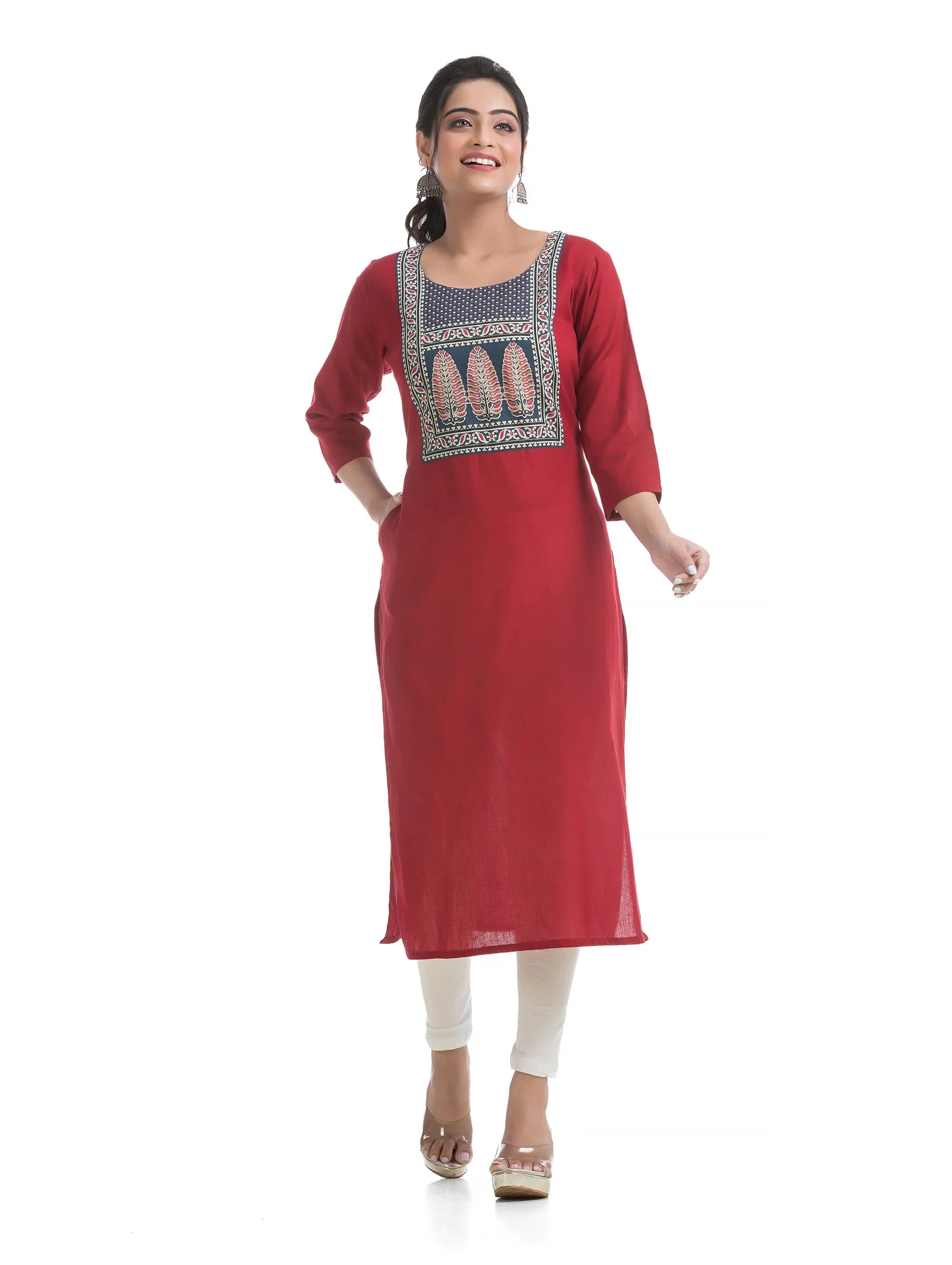 Maroon Straight Kurti with Indigo Patch work