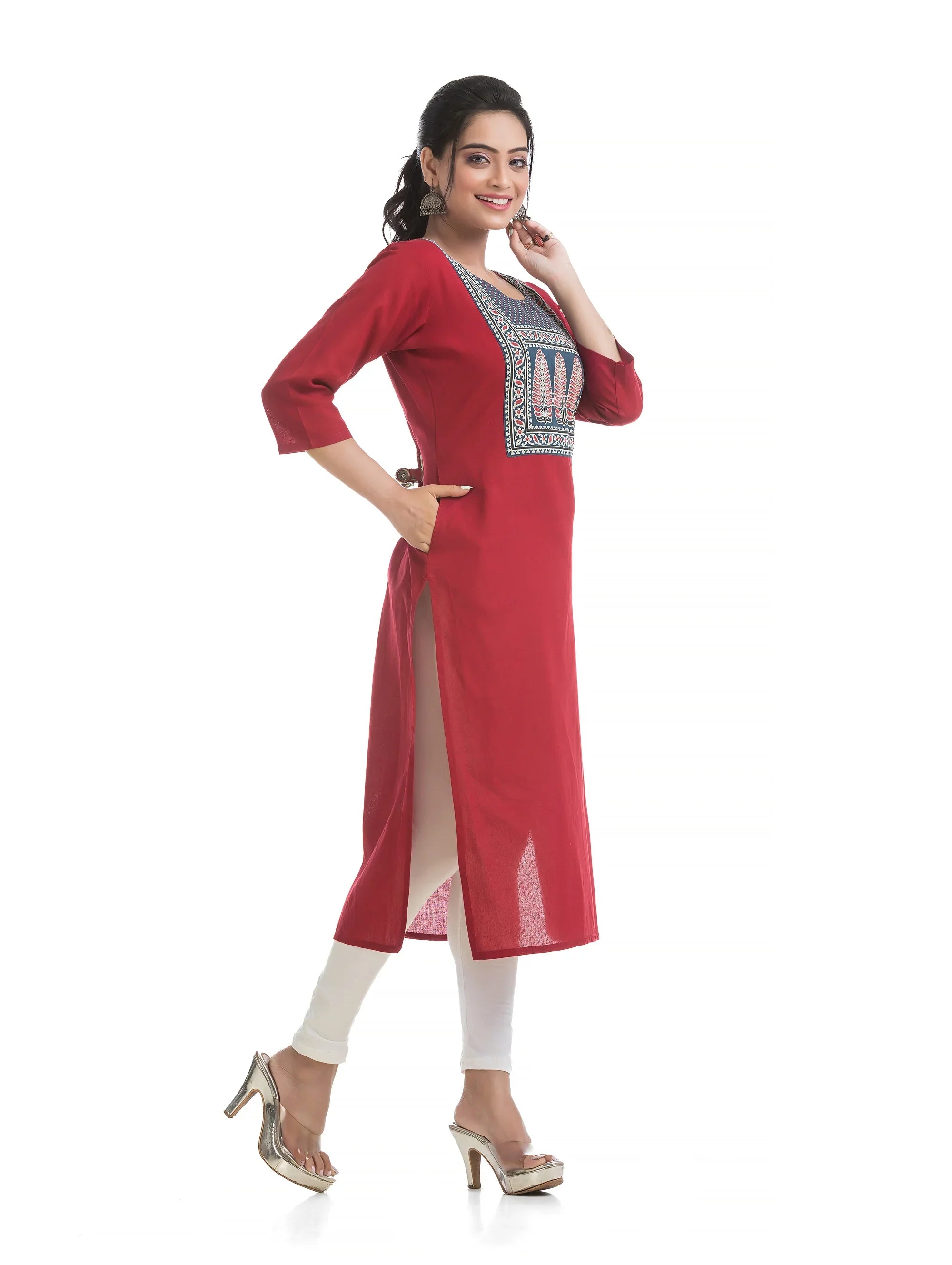 Maroon Straight Kurti with Indigo Patch work