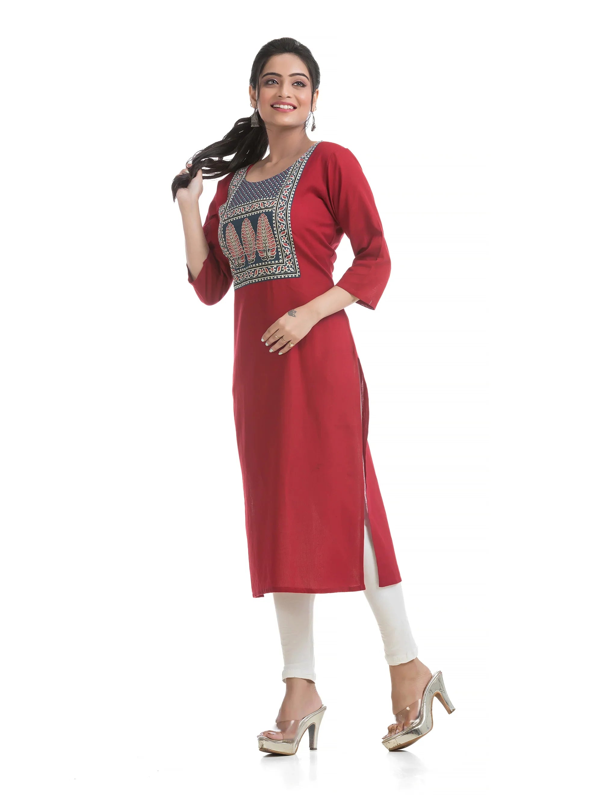 Maroon Straight Kurti with Indigo Patch work