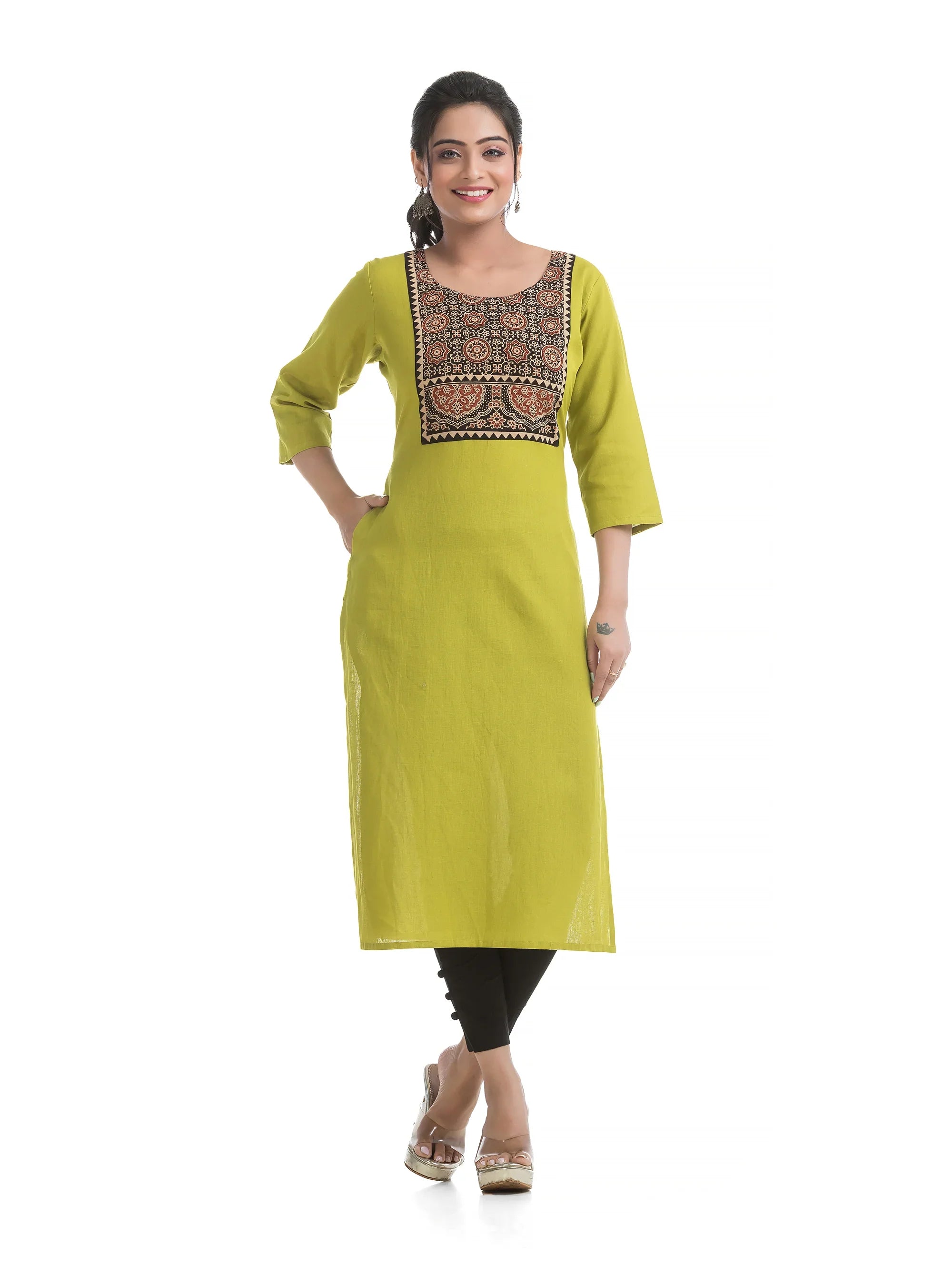 Black Ajrakh Patchwork on Lime Green Straight Kurti