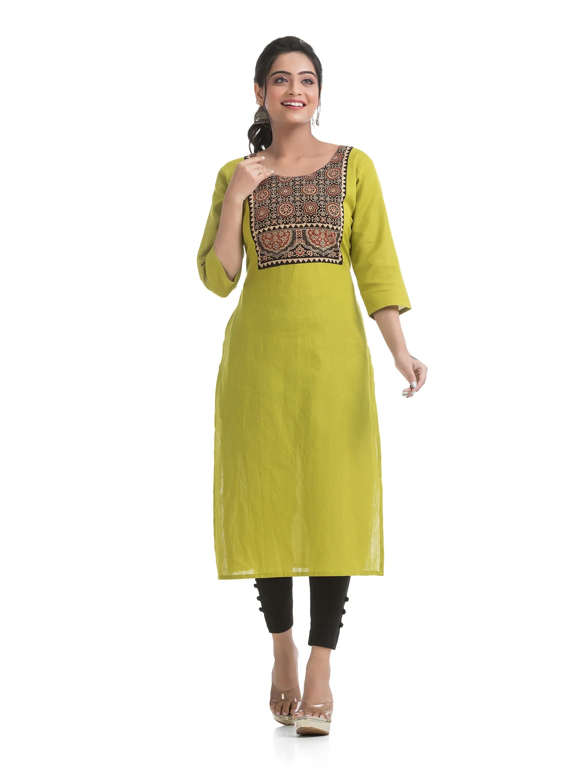 Black Ajrakh Patchwork on Lime Green Straight Kurti