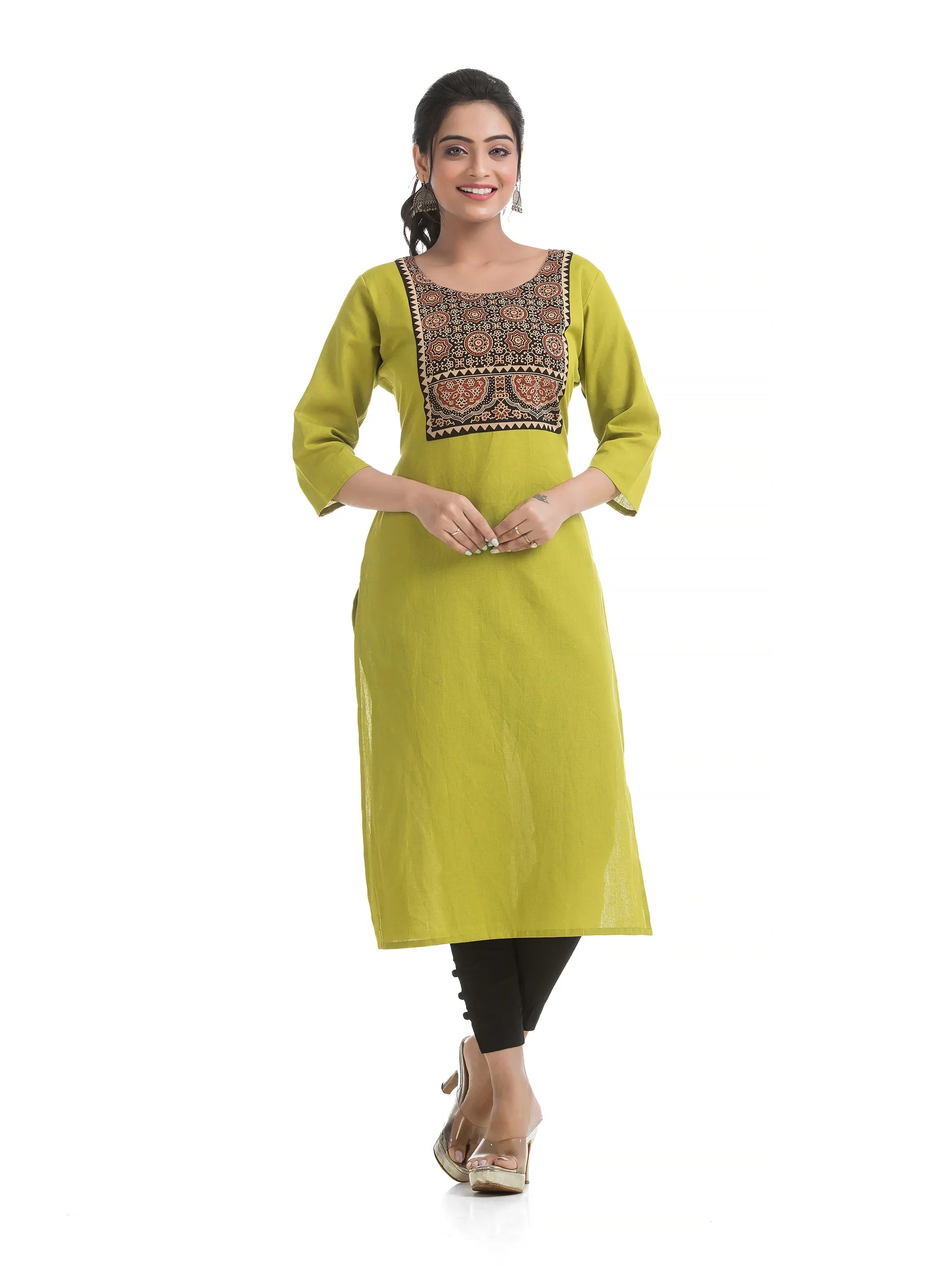 Black Ajrakh Patchwork on Lime Green Straight Kurti