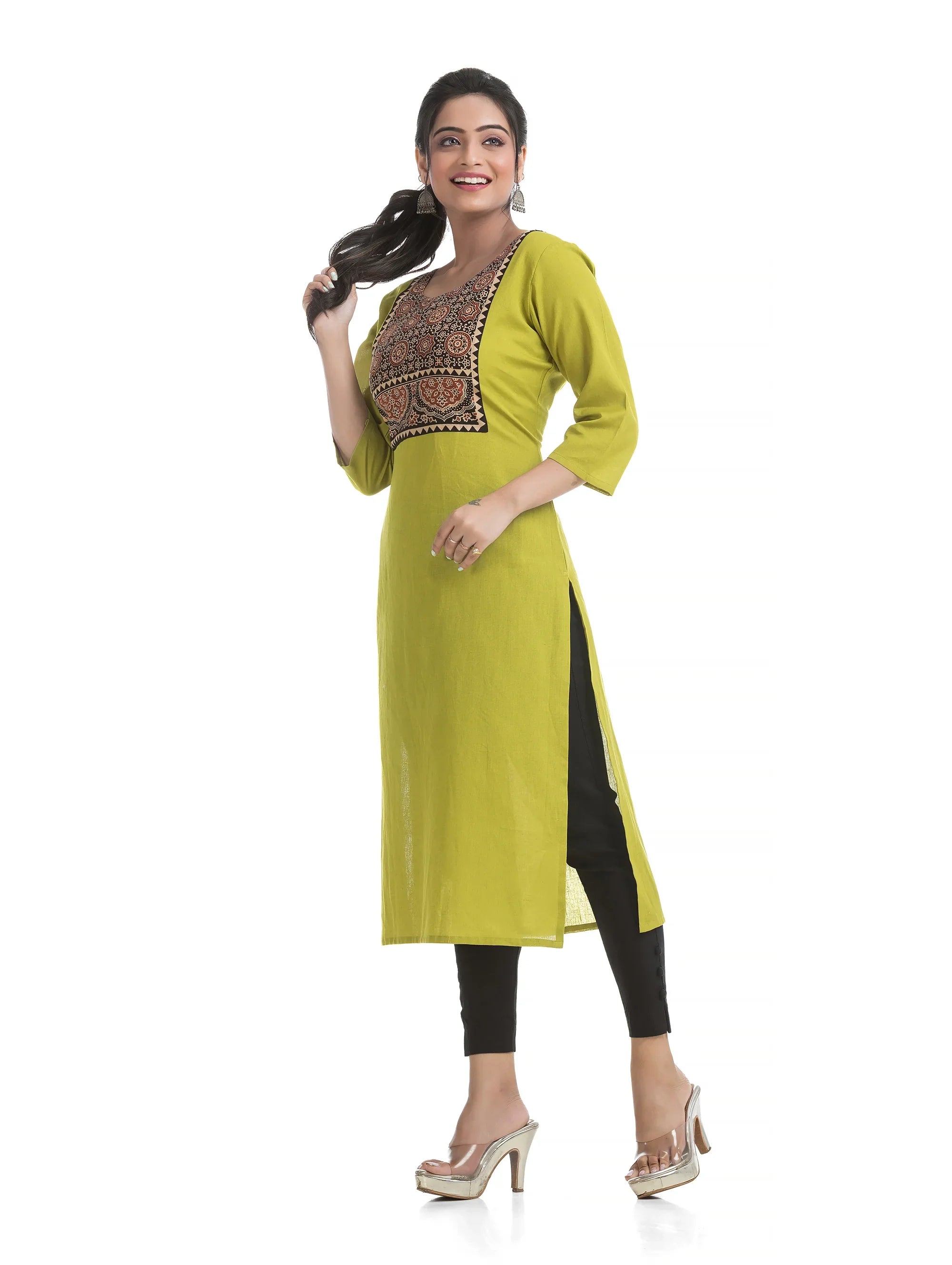 Black Ajrakh Patchwork on Lime Green Straight Kurti