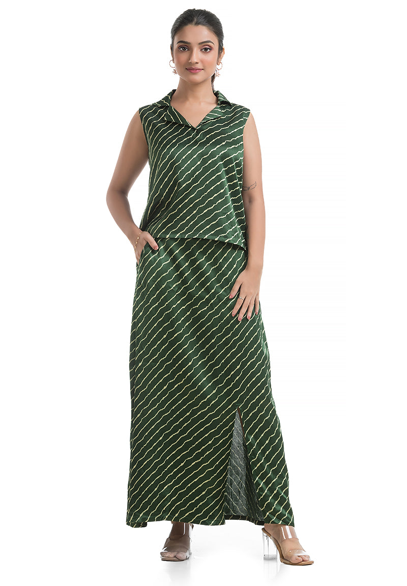 Bottle Green Stripe Design Skirt Top Co-ord