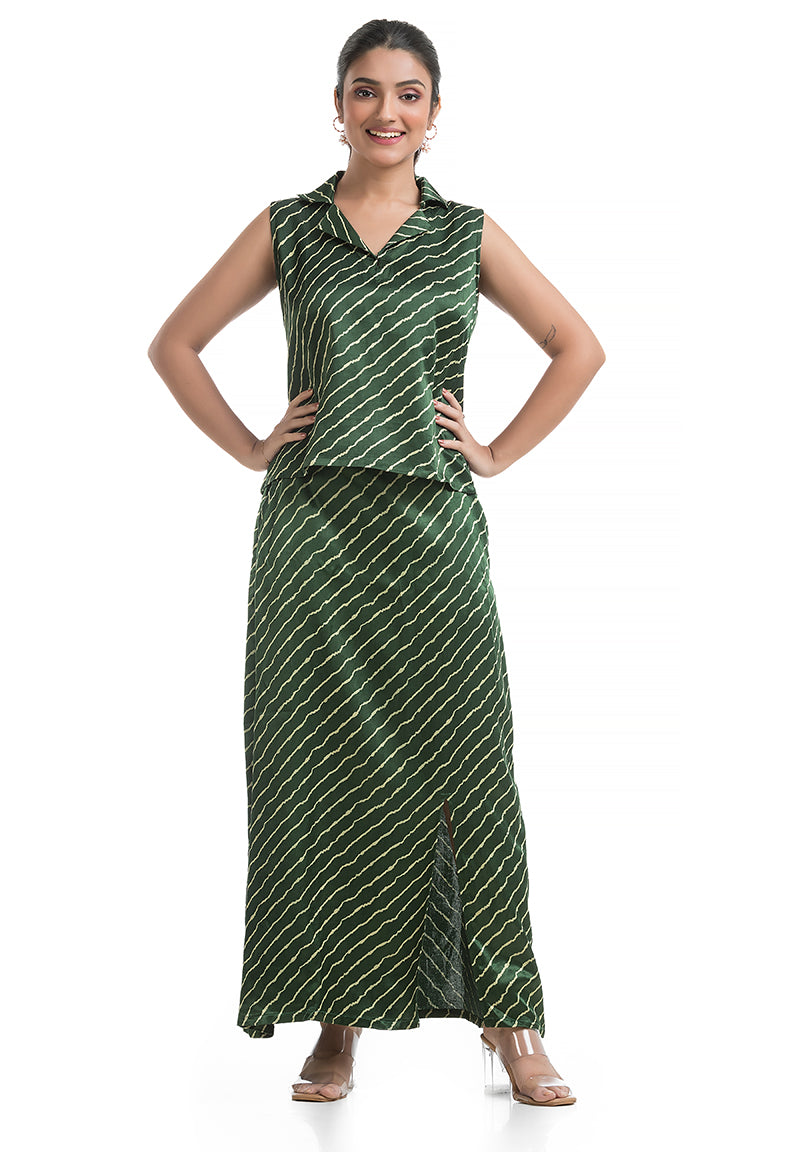 Bottle Green Stripe Design Skirt Top Co-ord