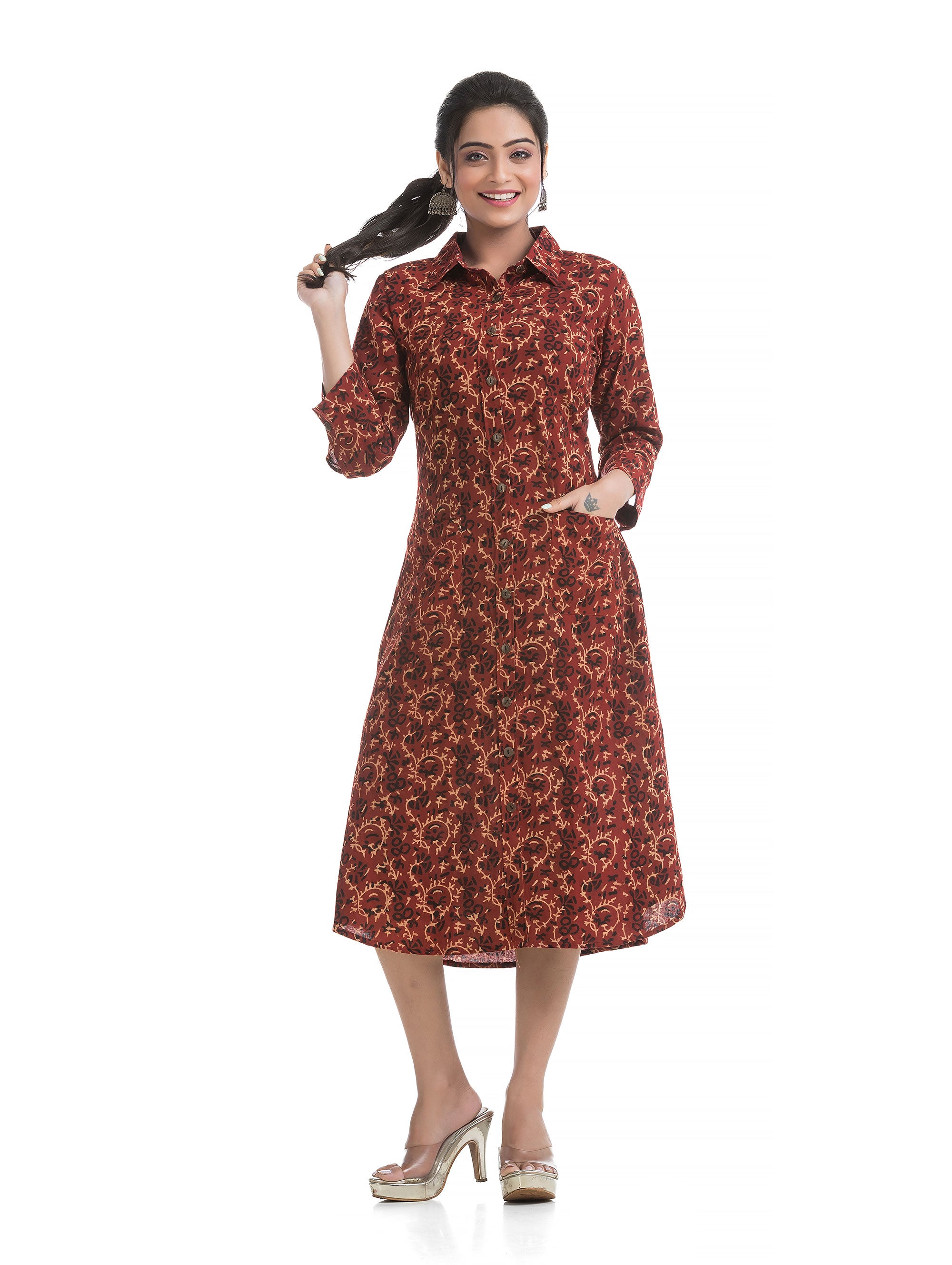 Maroon Ajrakh Hand Block Collar Dress