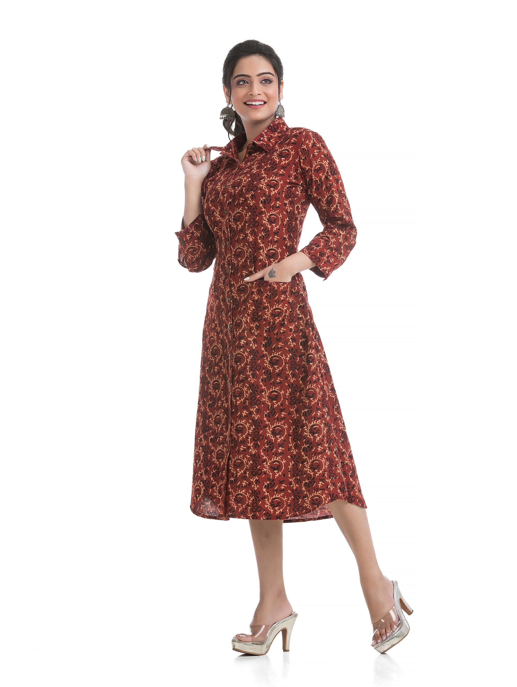 Maroon Ajrakh Hand Block Collar Dress