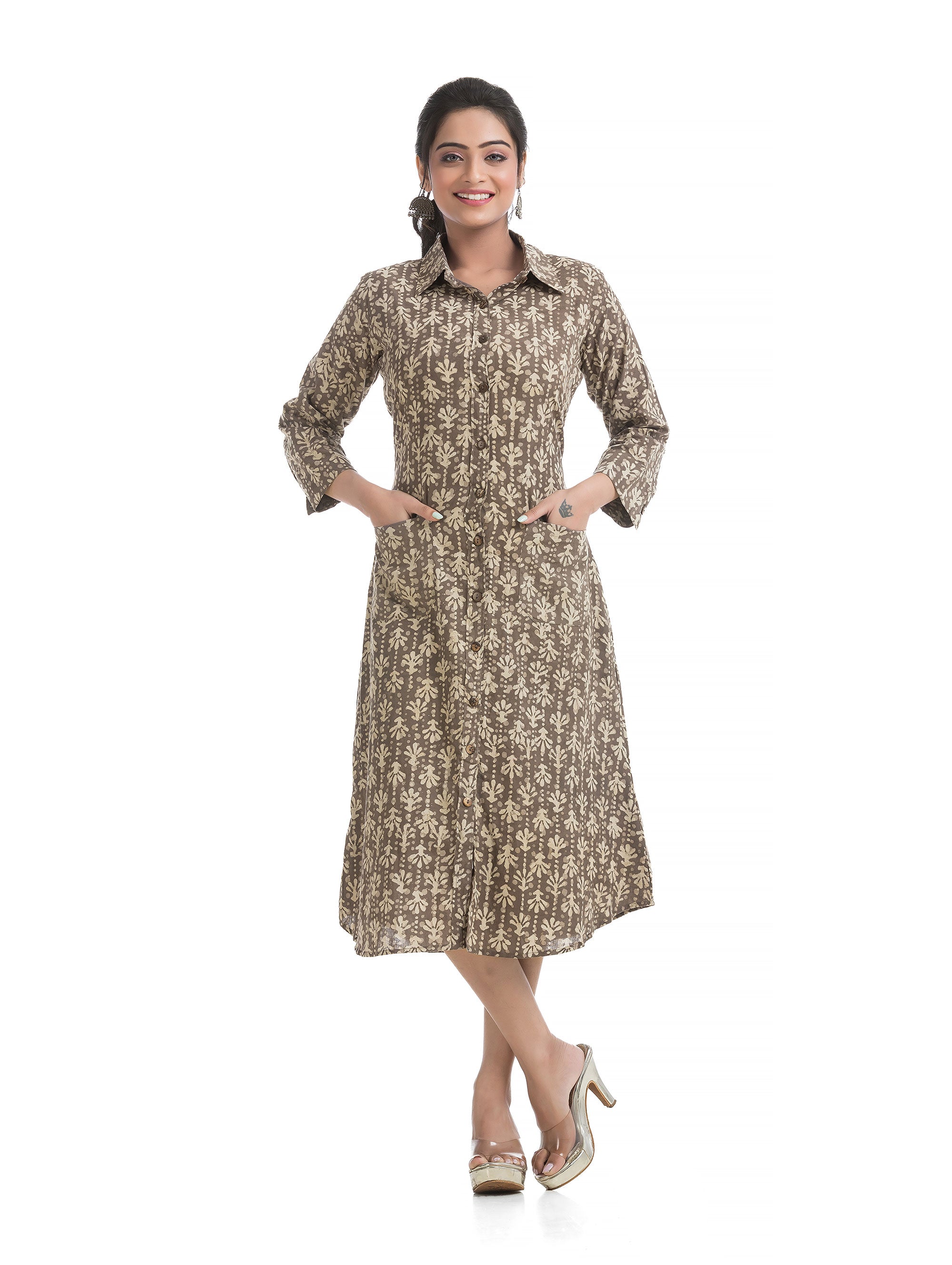 Hand Block Shirt Dress with Two Pockets