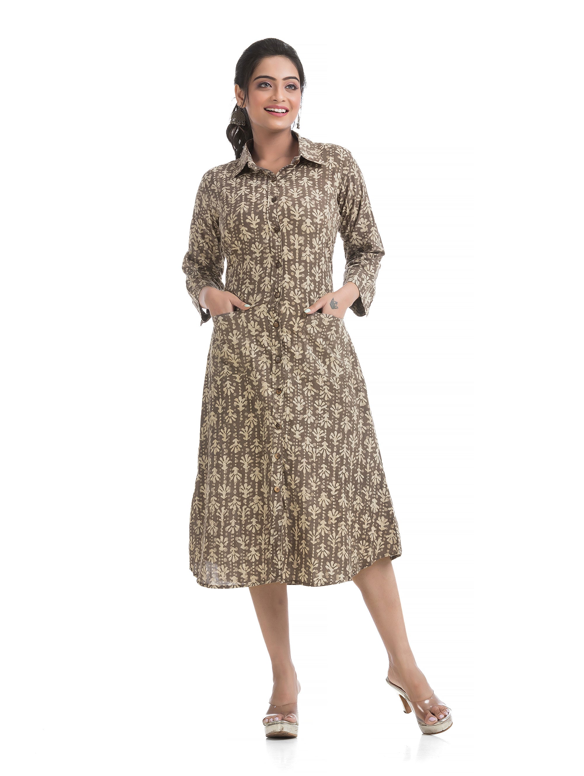 Hand Block Shirt Dress with Two Pockets