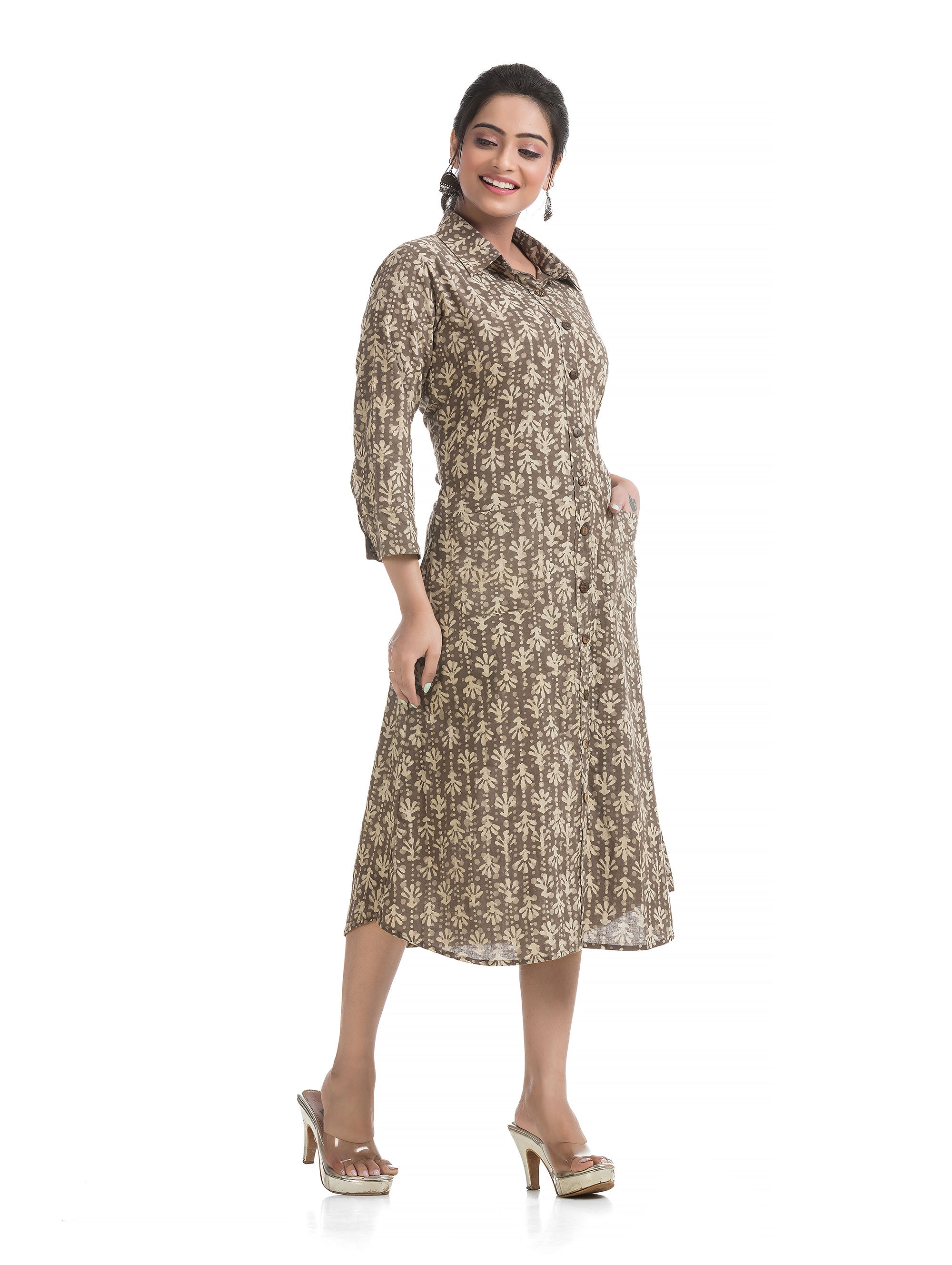 Hand Block Shirt Dress with Two Pockets