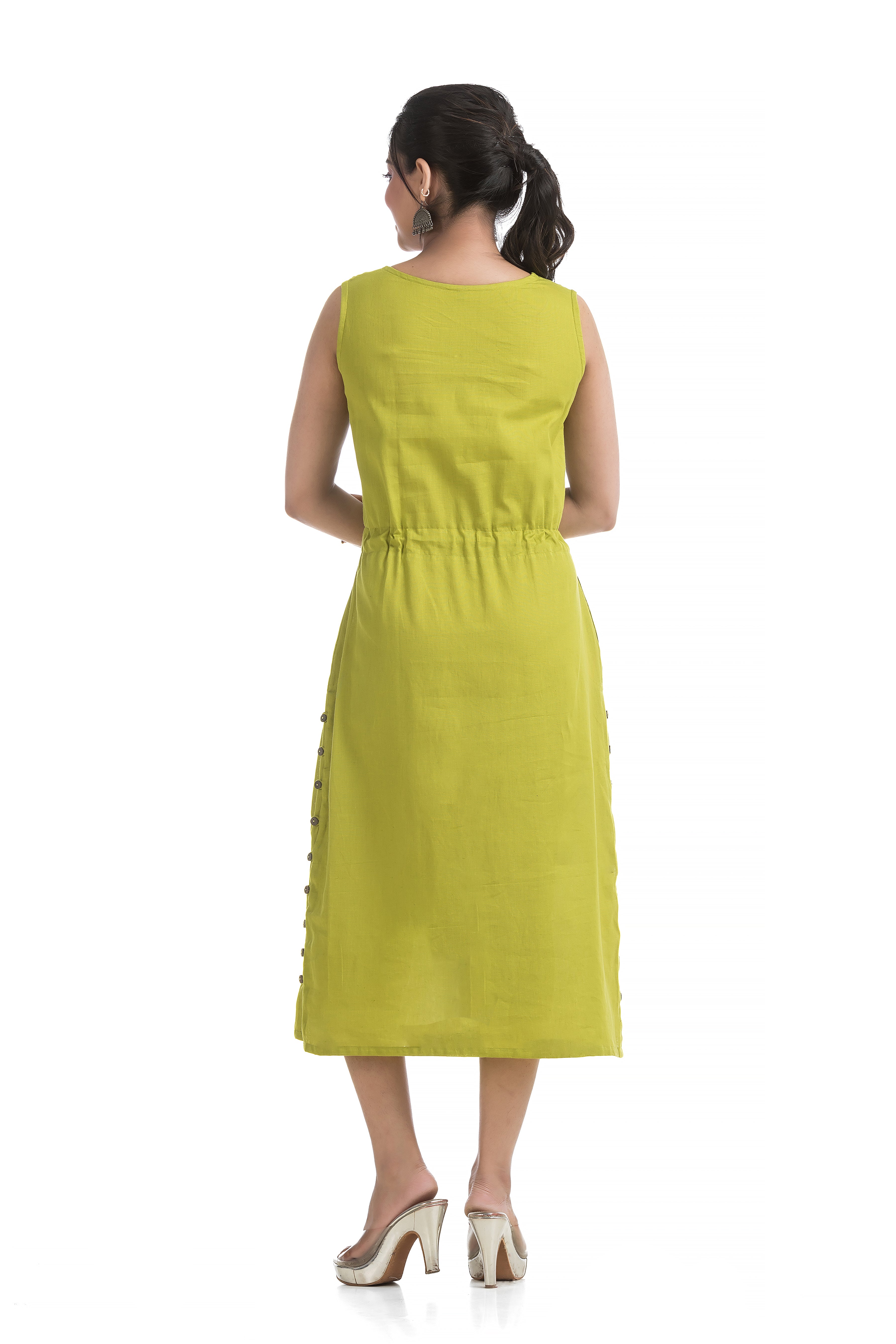 Drawstirng Green Dress with Ajrakh Printed Jacket