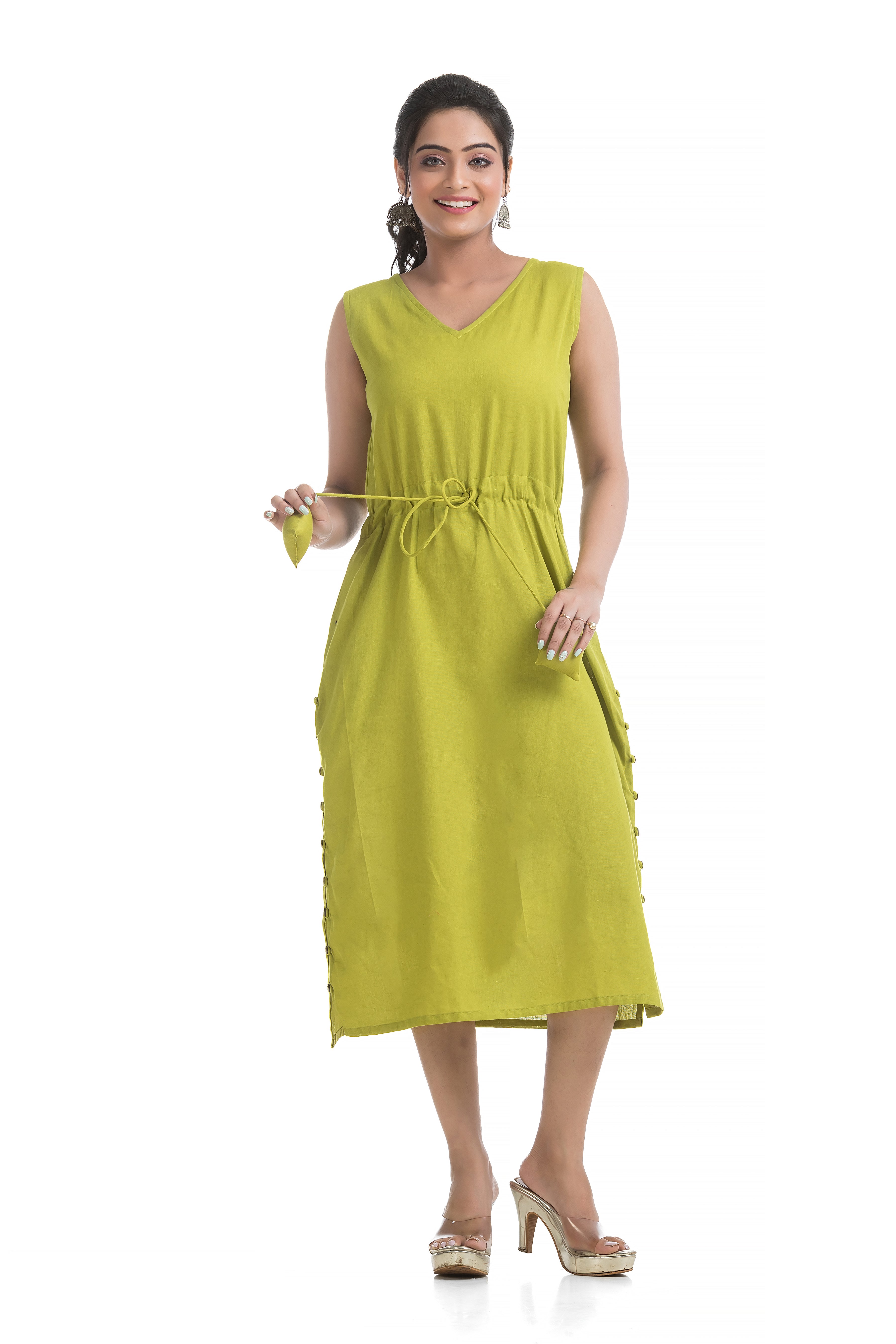 Drawstirng Green Dress with Ajrakh Printed Jacket