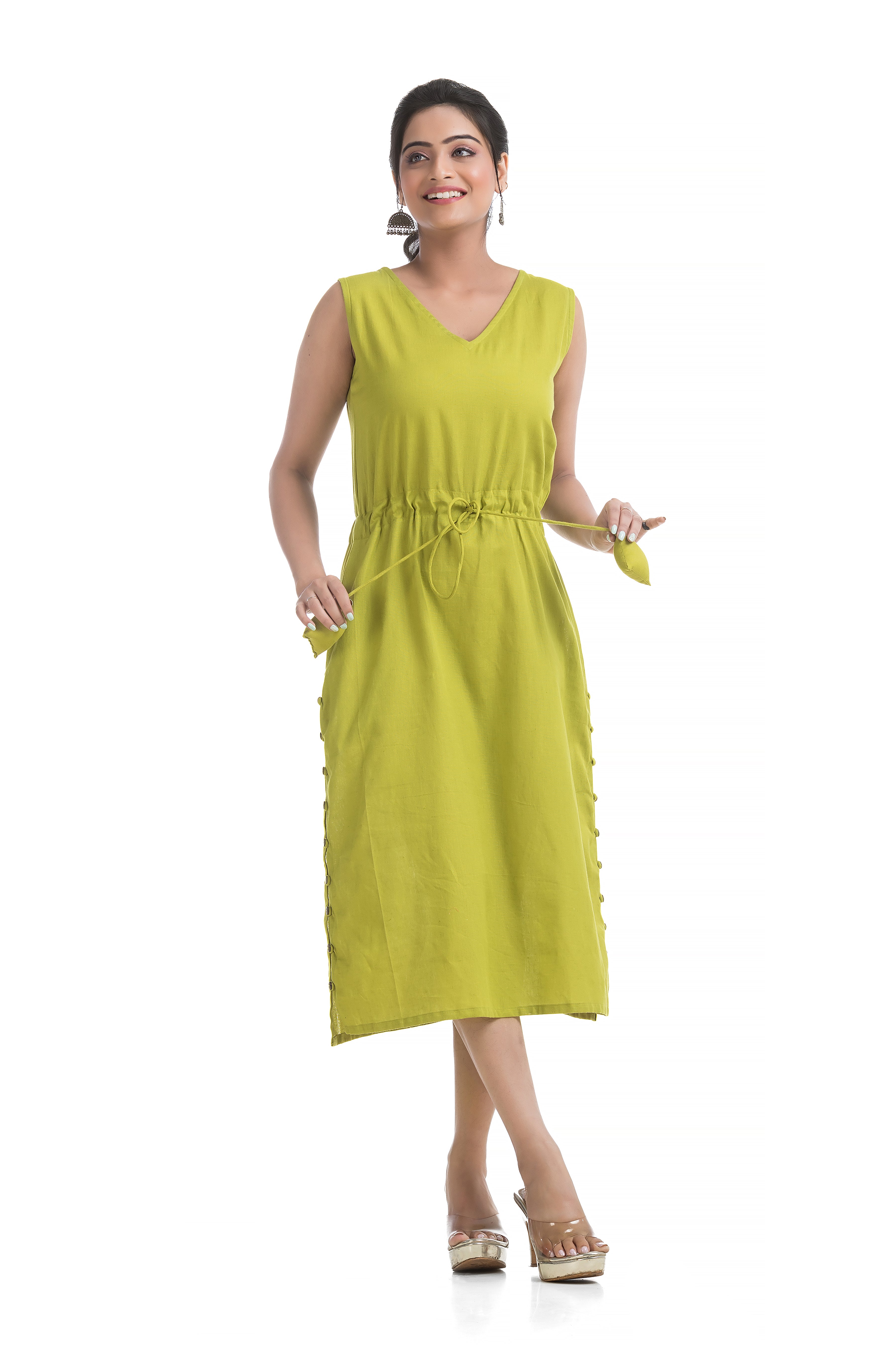 Drawstirng Green Dress with Ajrakh Printed Jacket