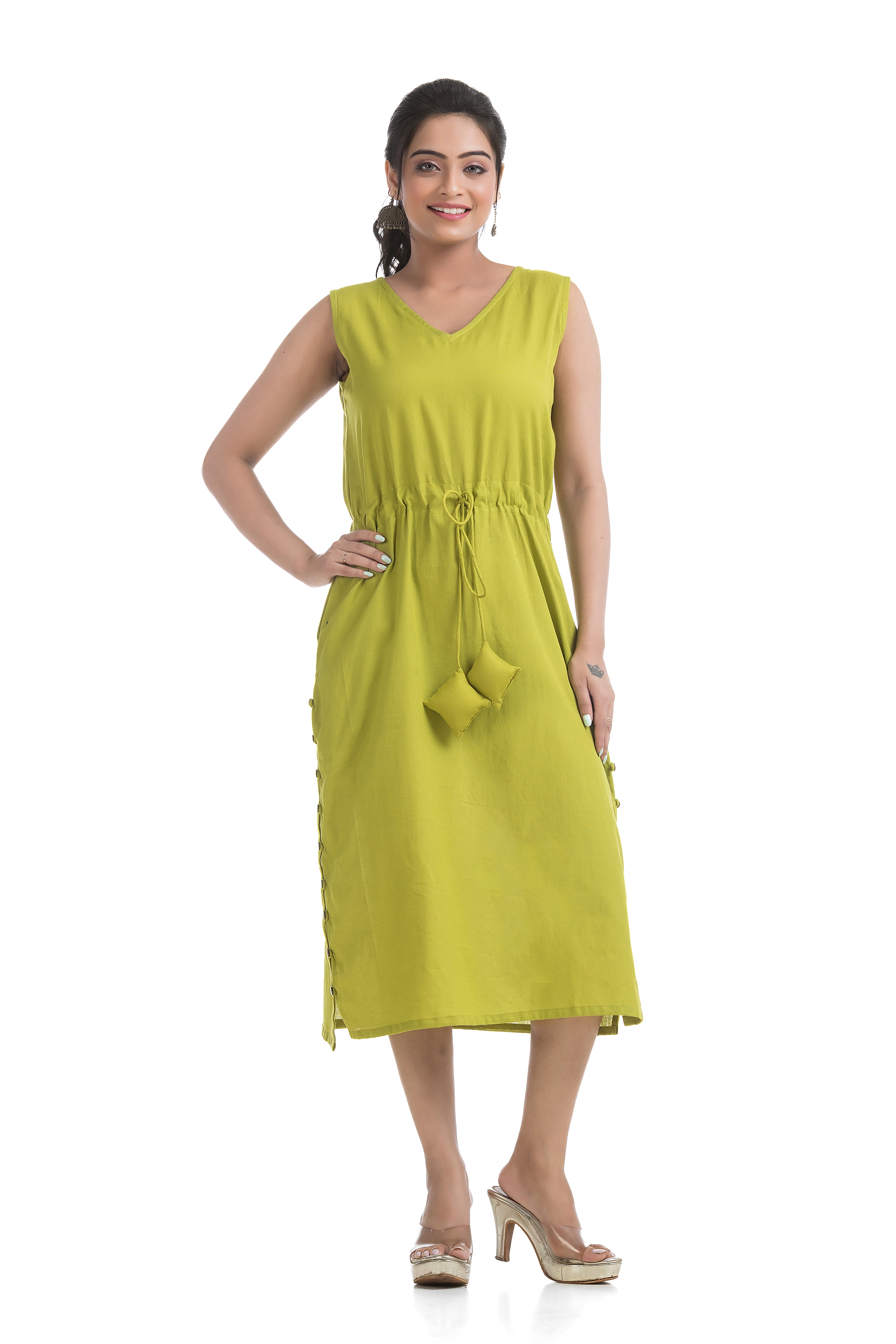 Drawstirng Green Dress with Ajrakh Printed Jacket