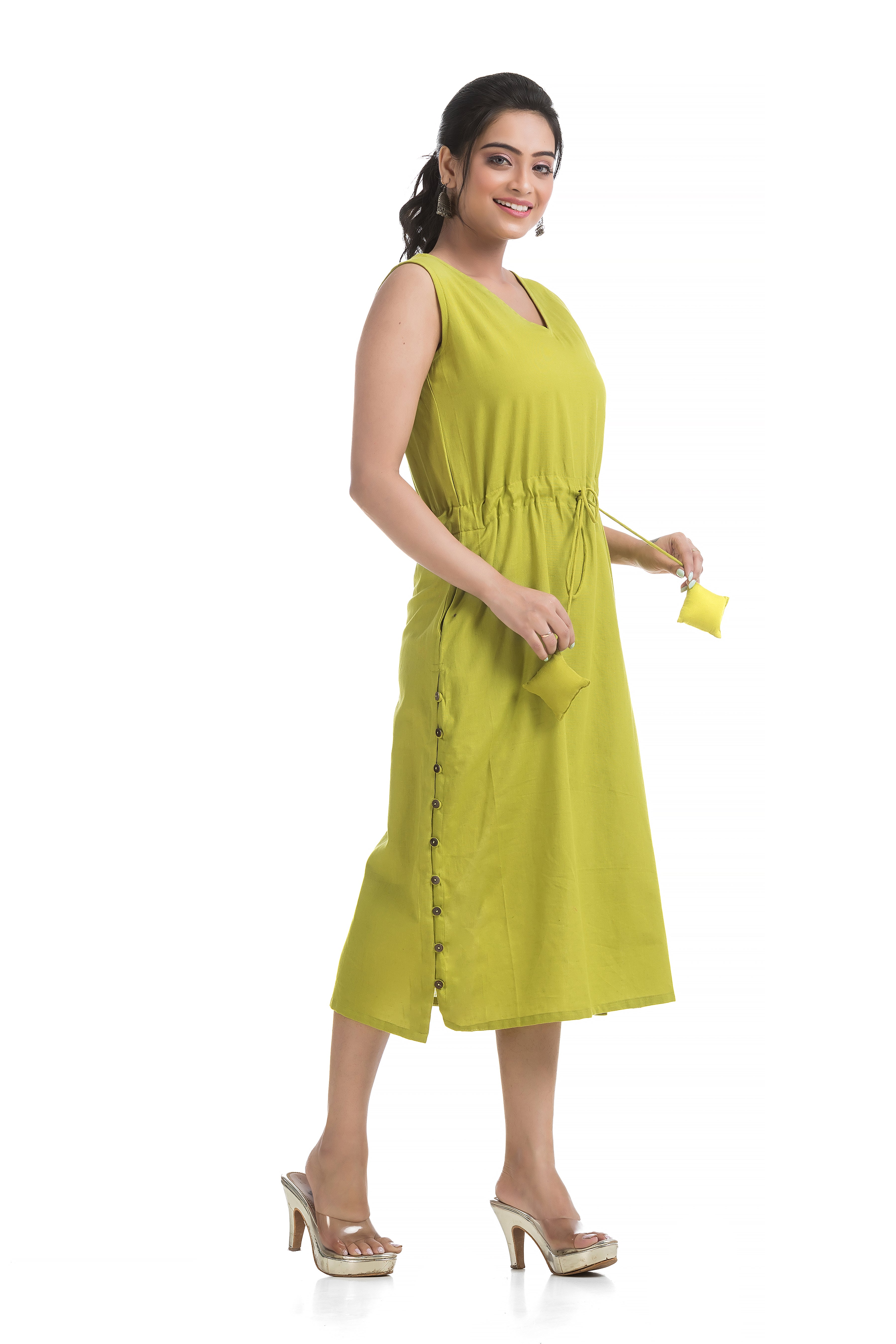 Drawstirng Green Dress with Ajrakh Printed Jacket