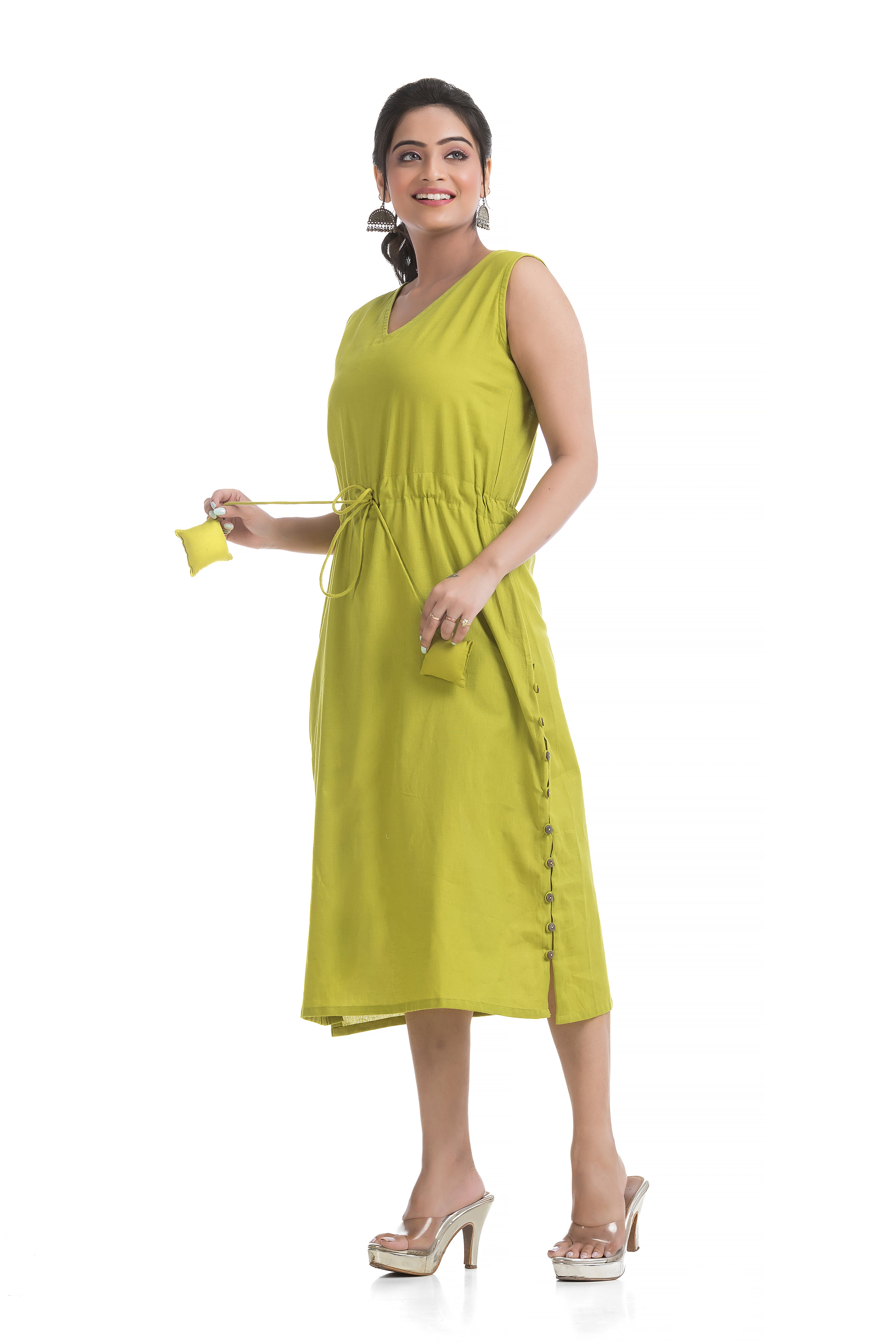 Drawstirng Green Dress with Ajrakh Printed Jacket