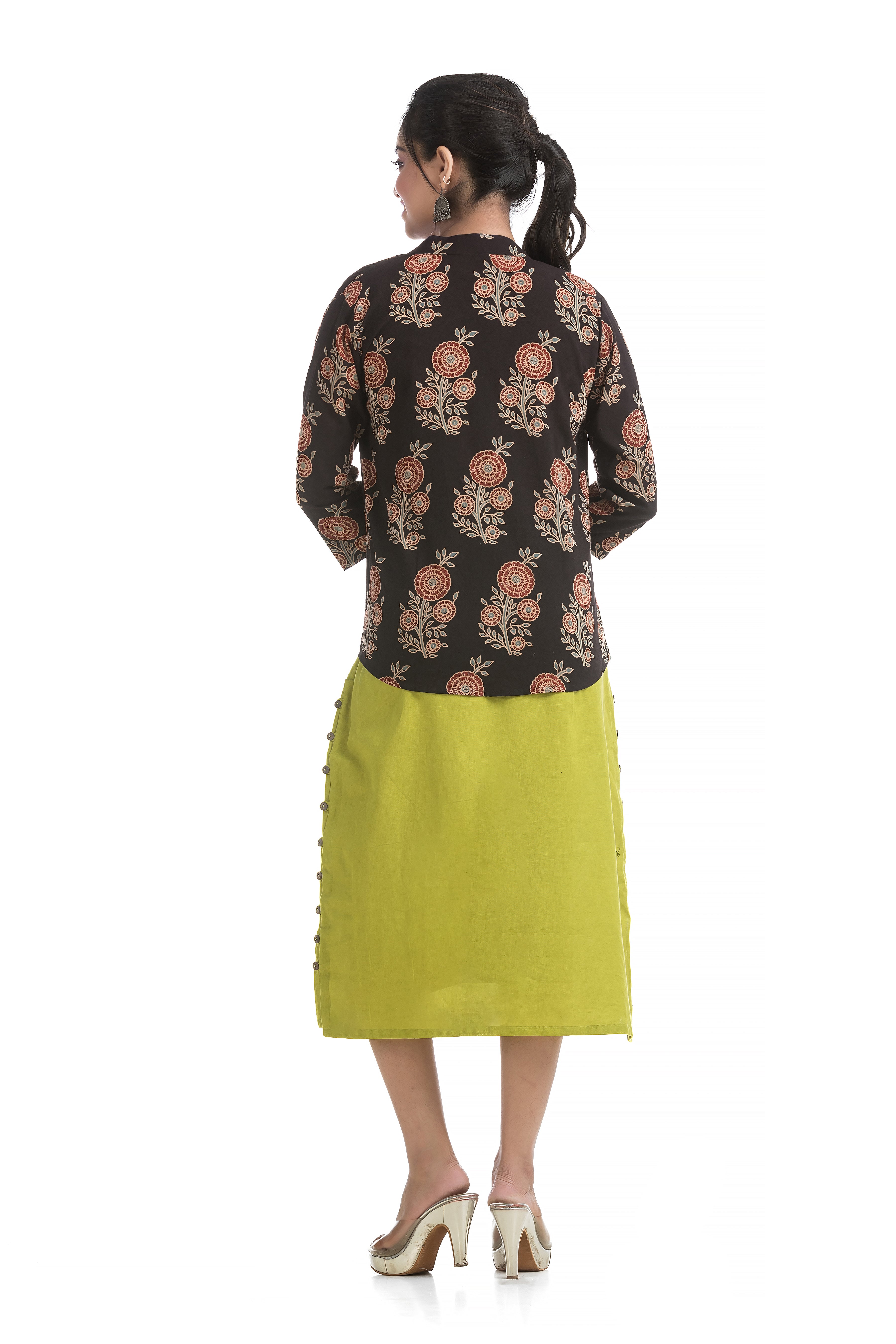 Drawstirng Green Dress with Ajrakh Printed Jacket