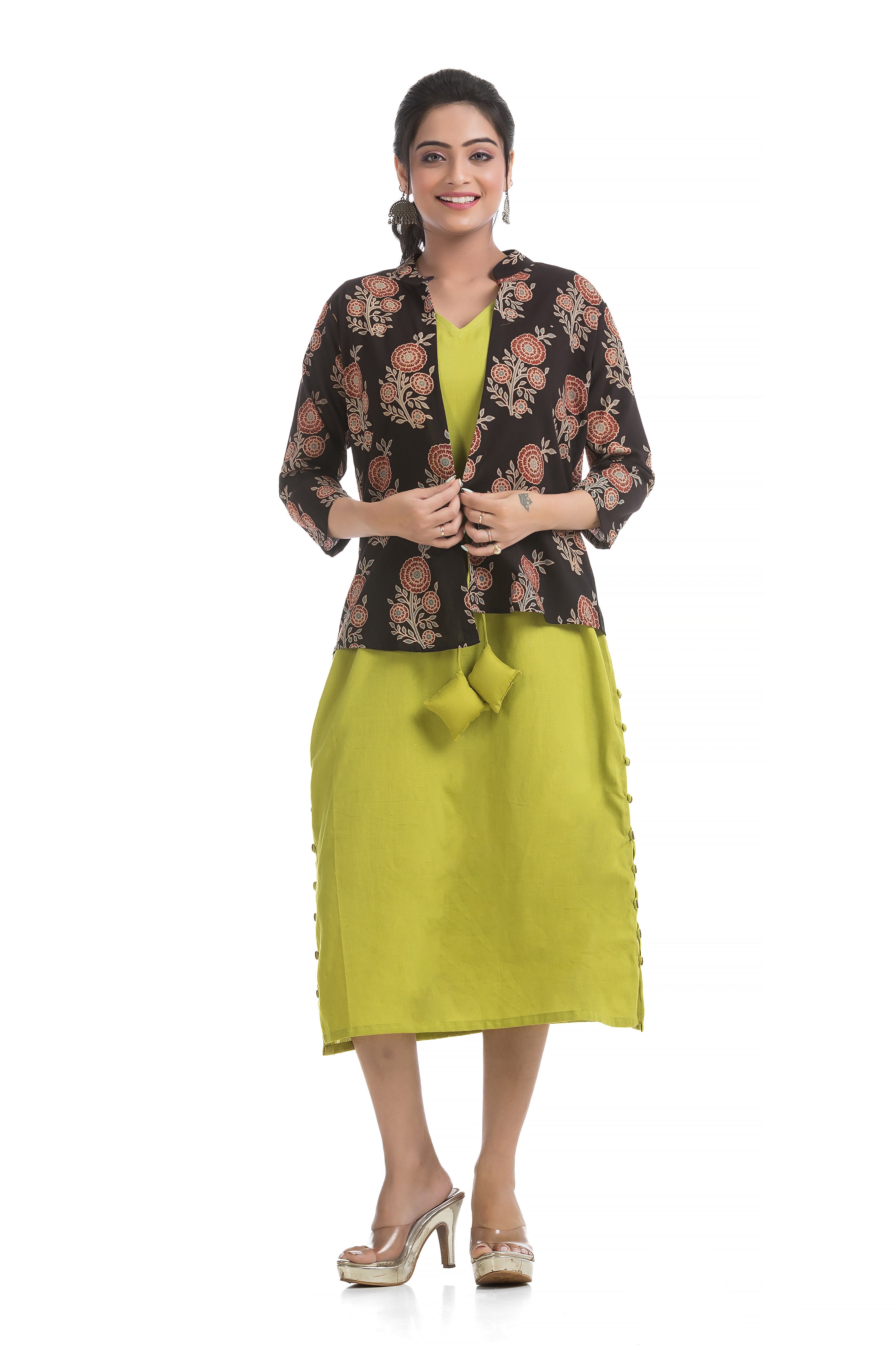 Drawstirng Green Dress with Ajrakh Printed Jacket