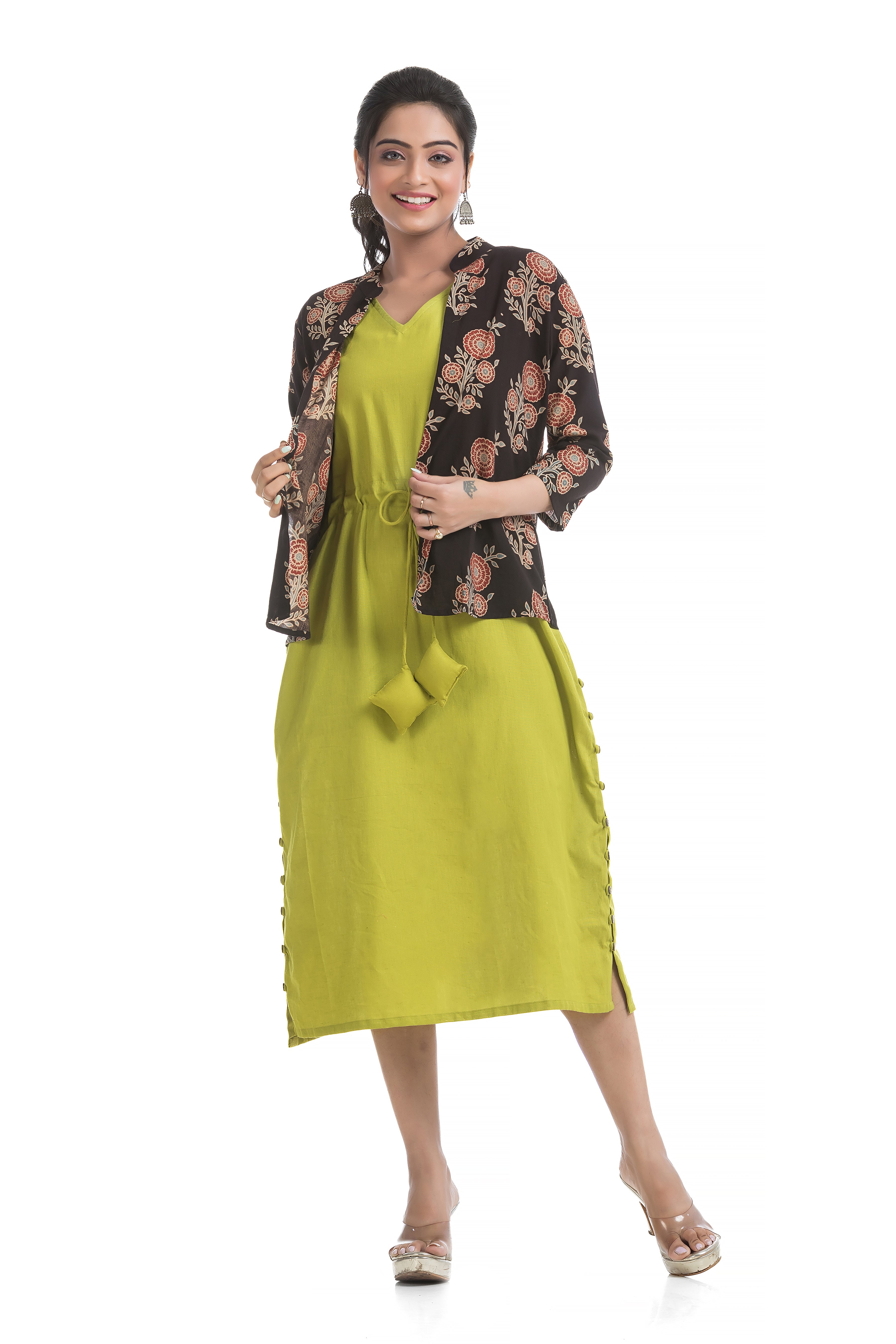 Drawstirng Green Dress with Ajrakh Printed Jacket
