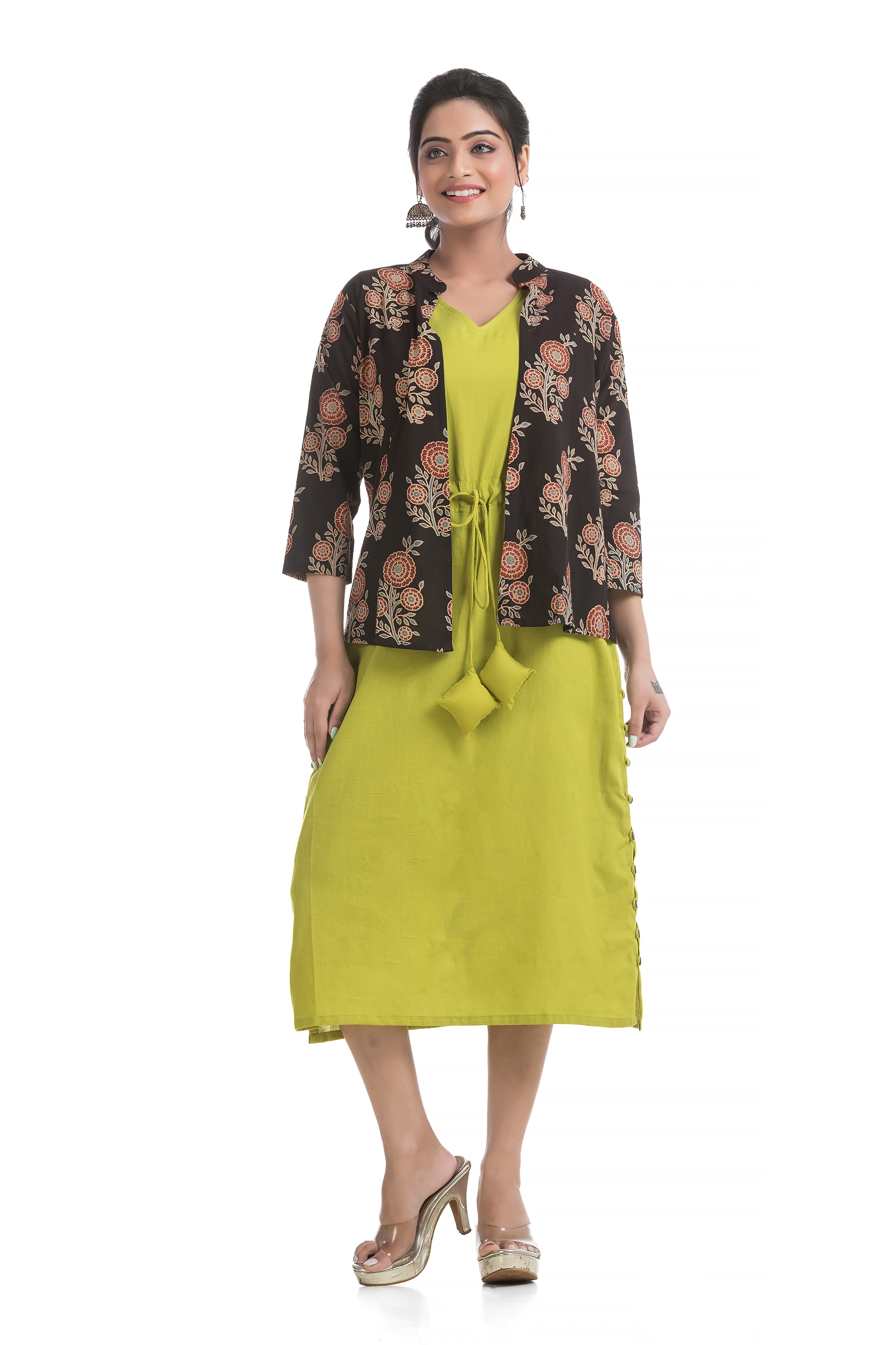 Drawstirng Green Dress with Ajrakh Printed Jacket