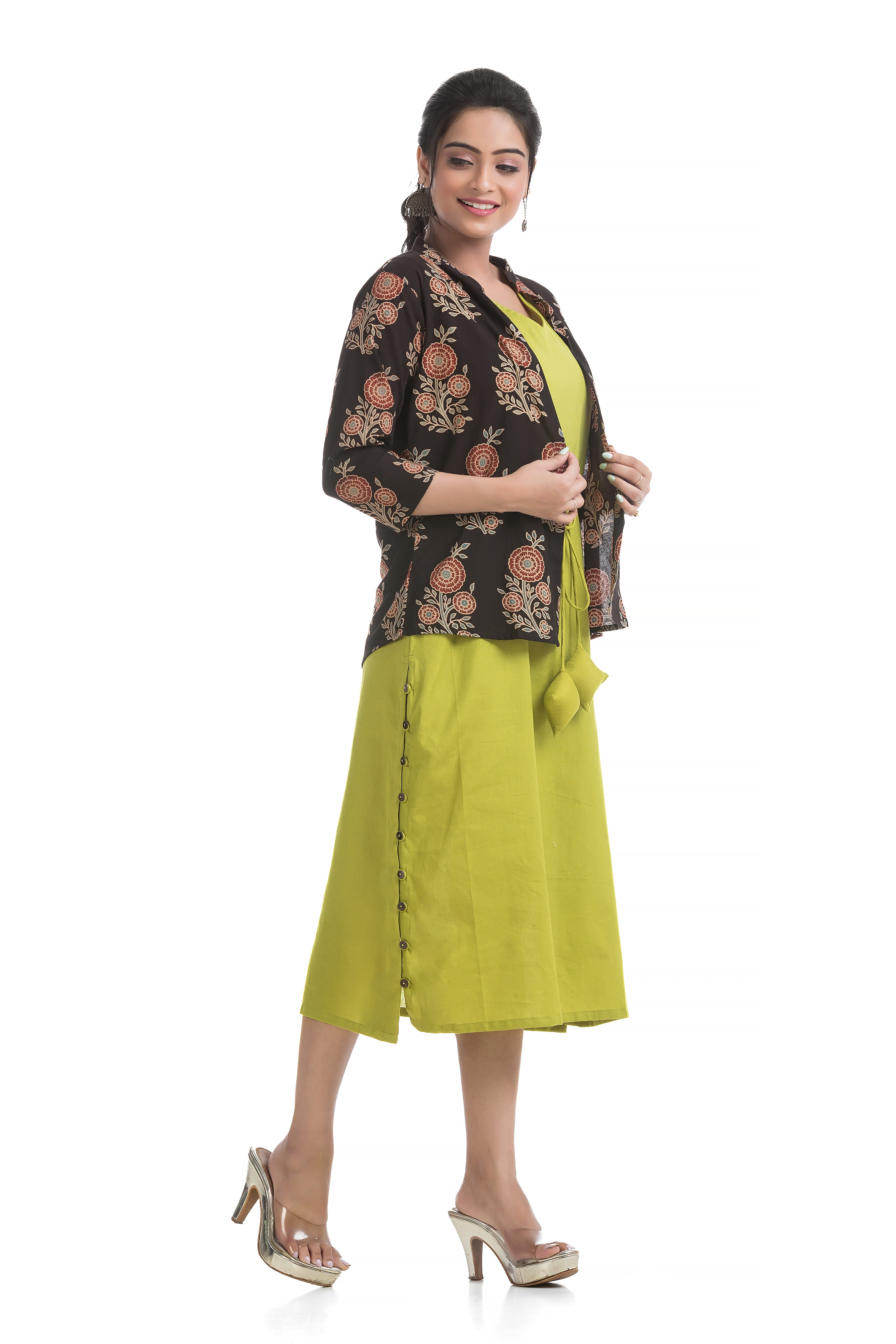 Drawstirng Green Dress with Ajrakh Printed Jacket