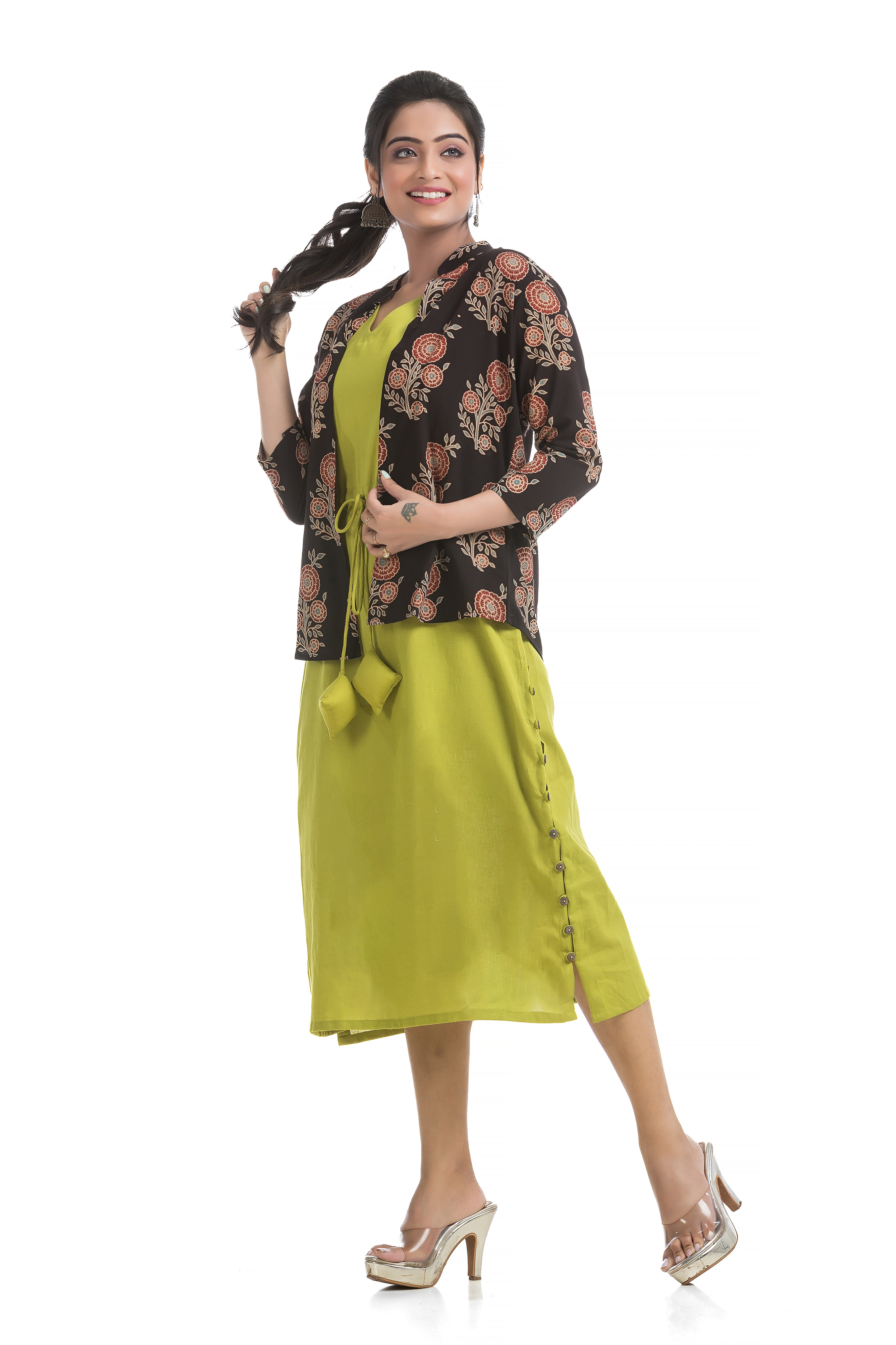 Drawstirng Green Dress with Ajrakh Printed Jacket